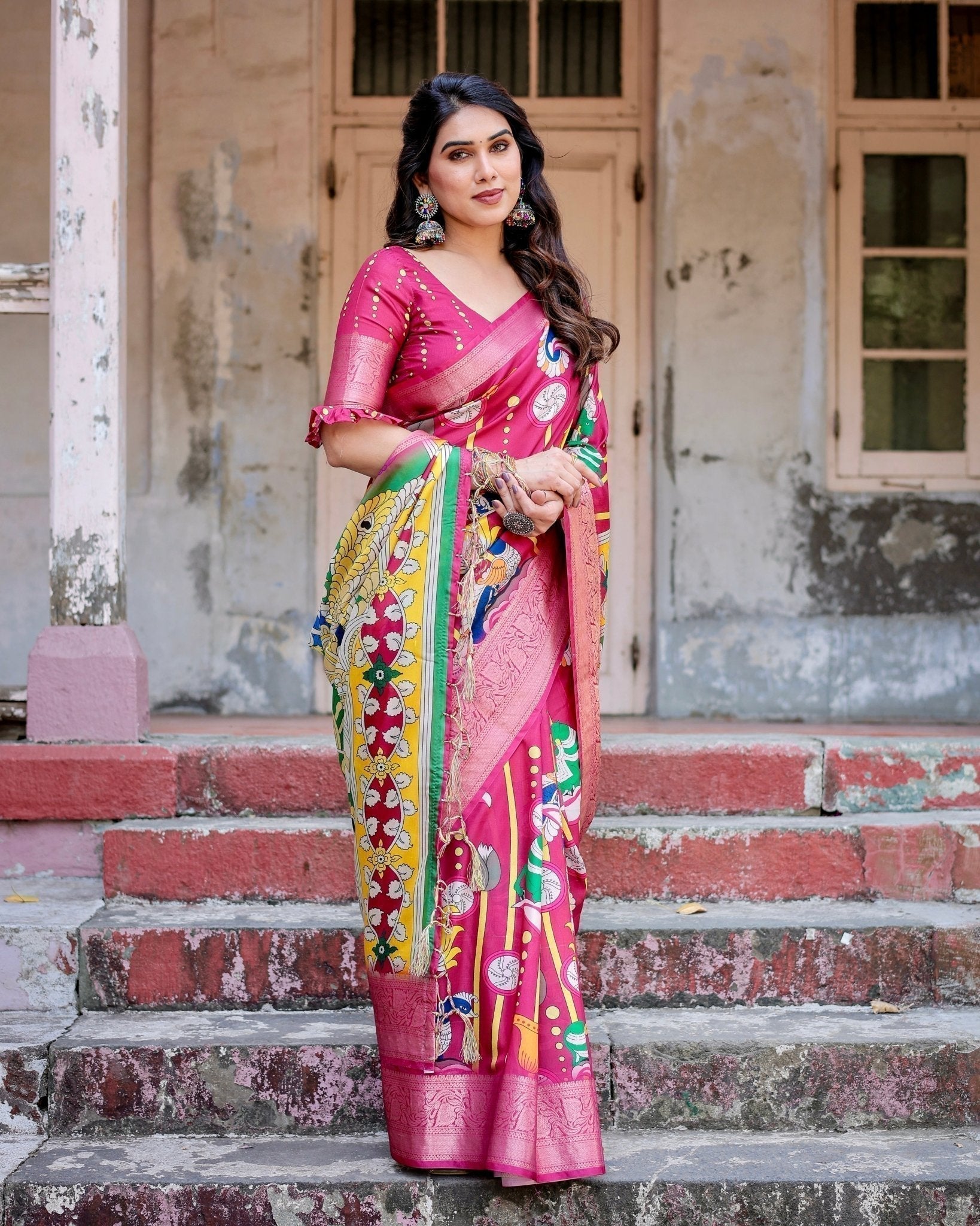 Magenta Tussar Silk Saree with Artistic Peacock & Floral Kalamkari Design