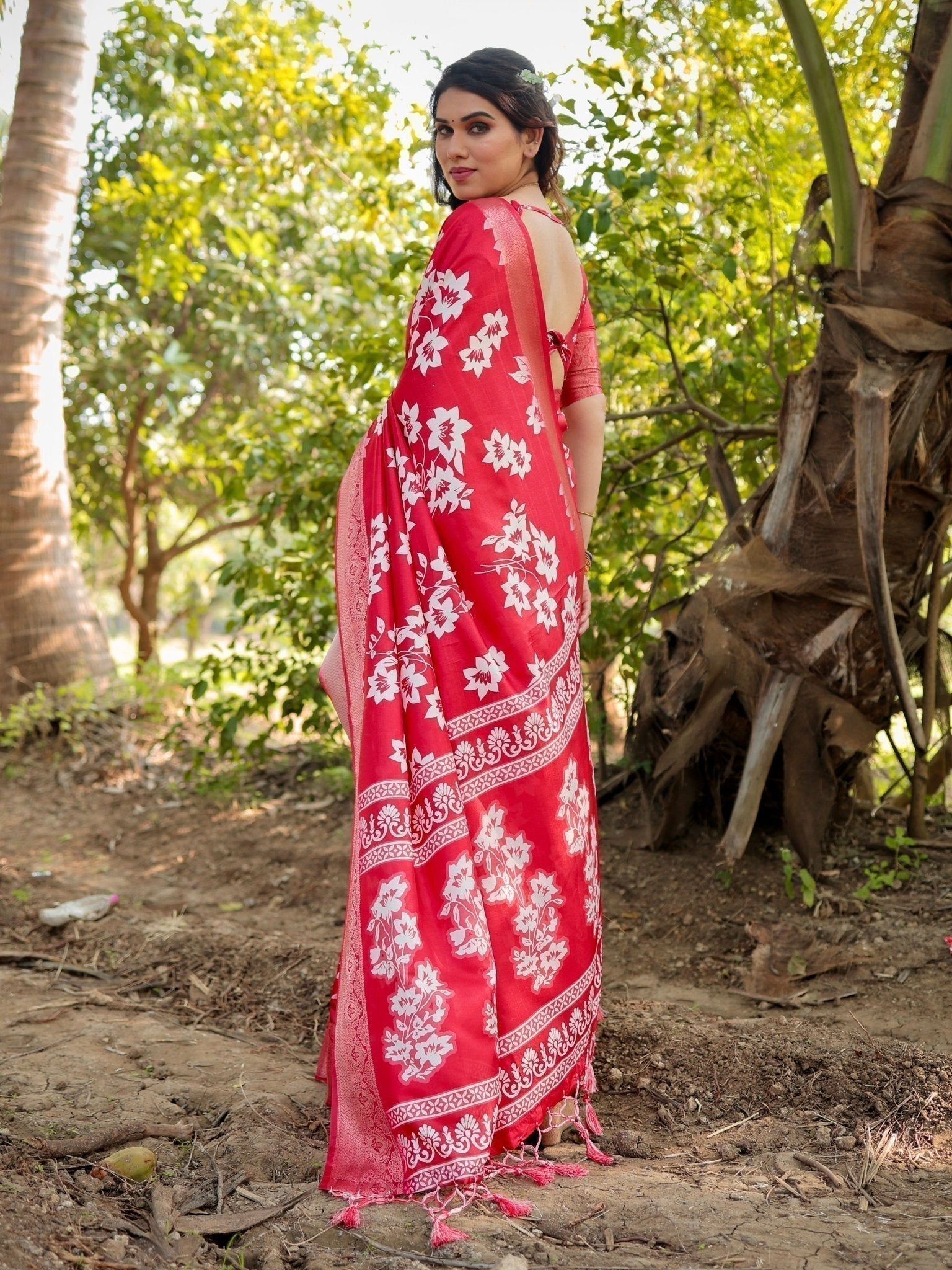 Graceful Red Tussar Silk Saree with White Floral Design and Zari Border