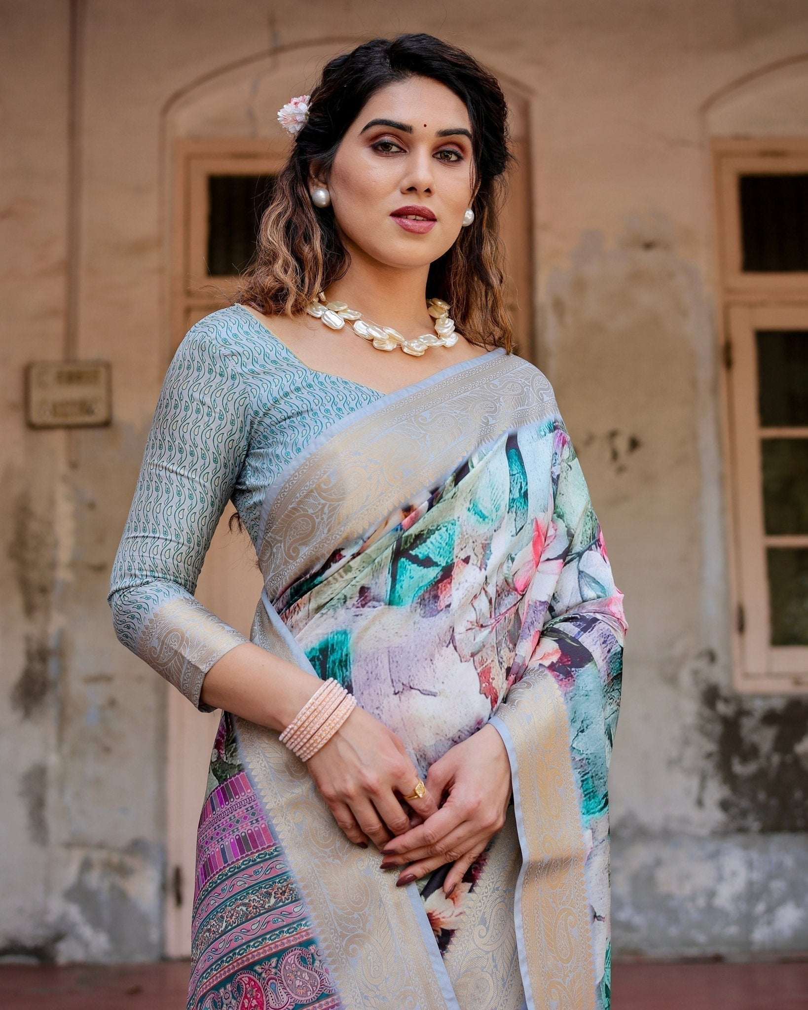 Graceful Floral Digital Print Saree with Gold Paisley Border and Multicolor Pallu