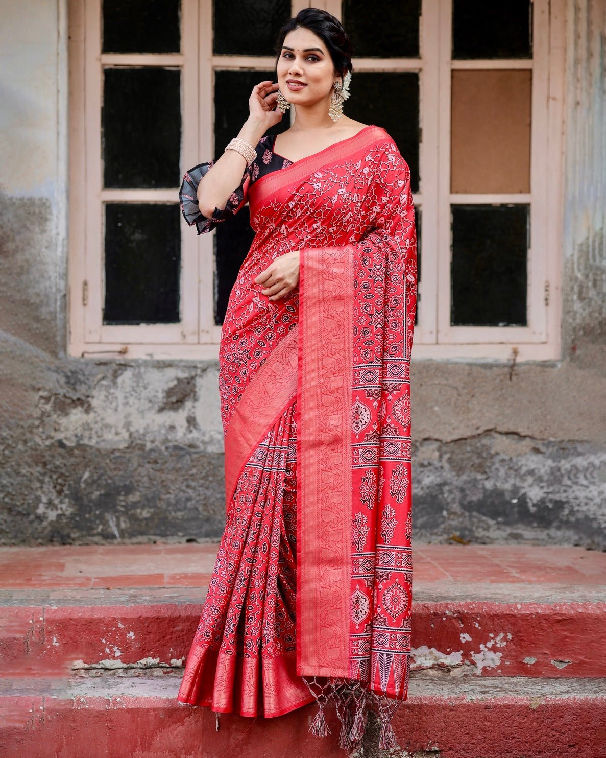 Fiery Red Tussar Silk Saree with Ornamental Motifs and Detailed Zari Pallu