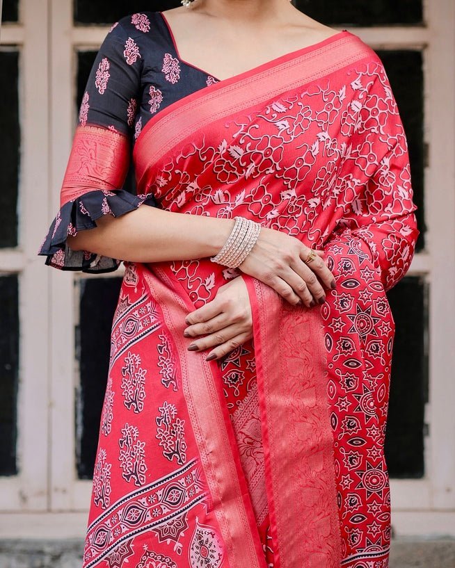 Fiery Red Tussar Silk Saree with Ornamental Motifs and Detailed Zari Pallu