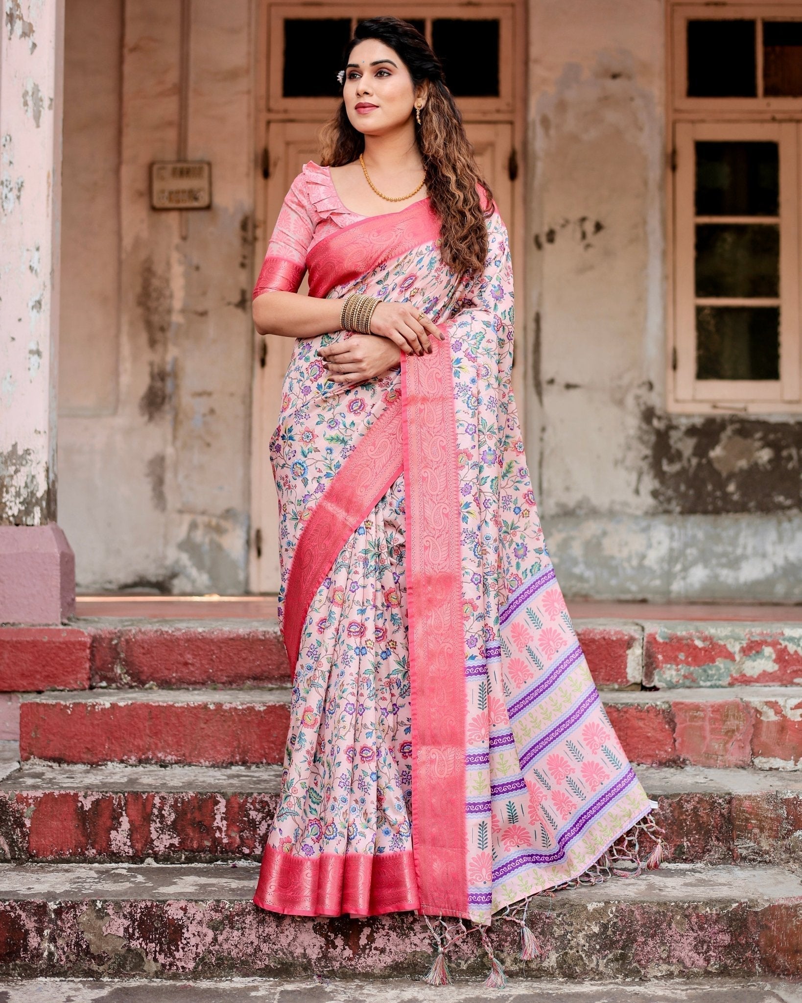 Blush Pink Tussar Silk Saree with Multicolor Floral Design and Zari Paisley Border