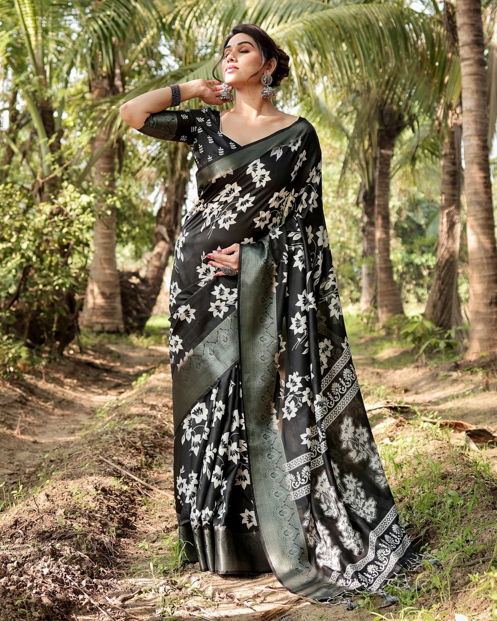 Elegant Black Tussar Silk Saree with Zari Embellished Border and Bold Floral Pallu