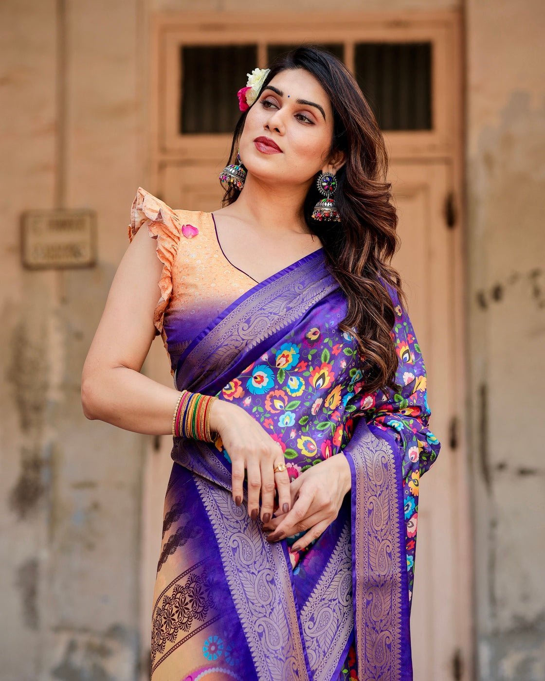 Royal Purple Tussar Silk Saree with Vibrant Floral Print and Peacock Motif Pallu