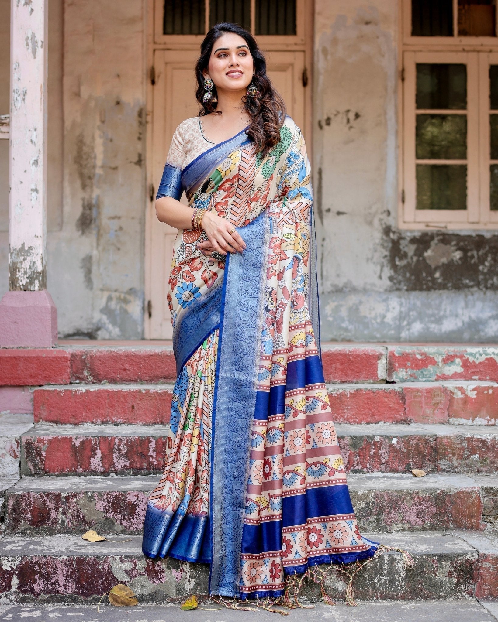 Multicolor Tussar Silk Saree with Artistic Floral Motifs and Traditional Blue Zari Border