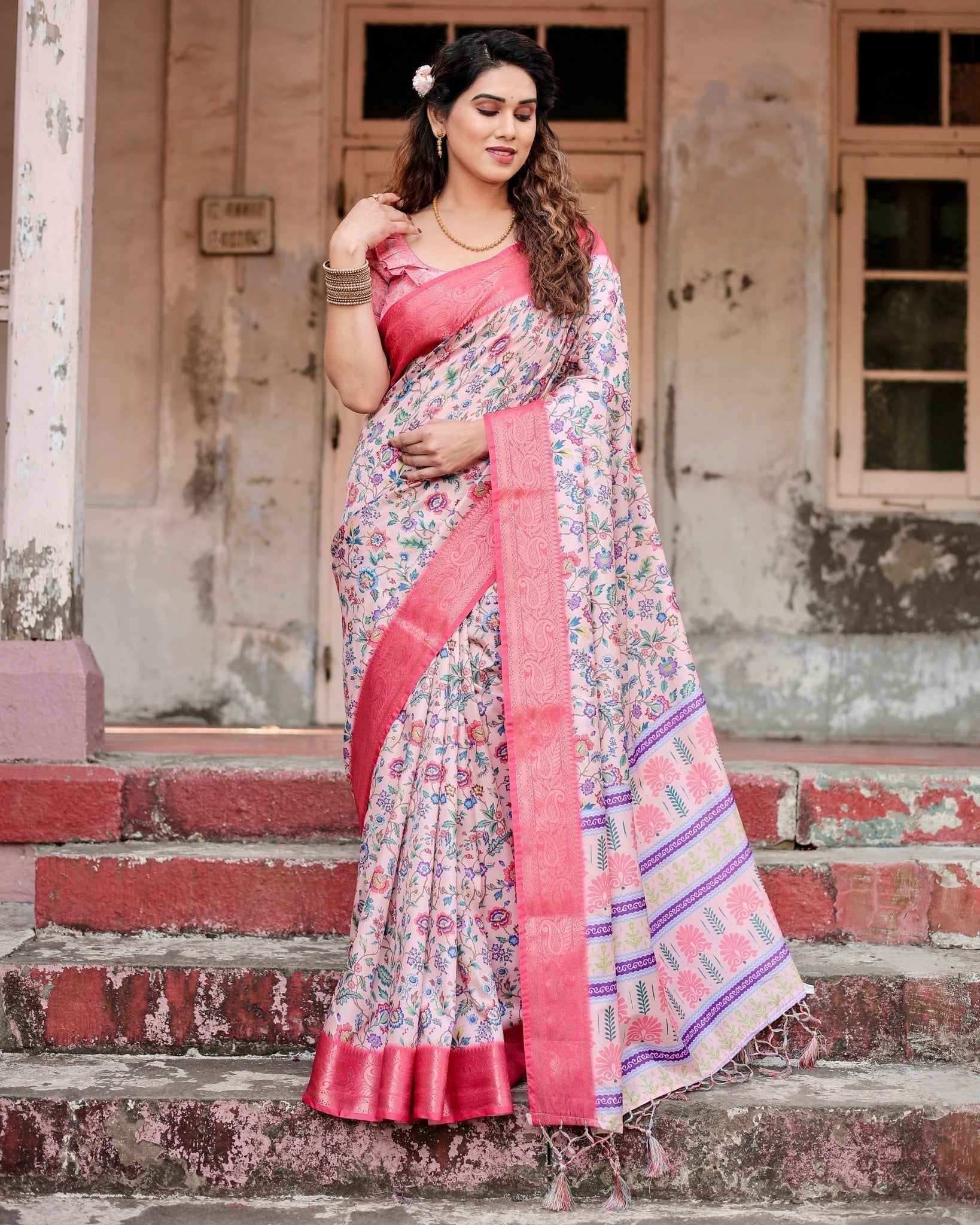 Blush Pink Tussar Silk Saree with Multicolor Floral Design and Zari Paisley Border