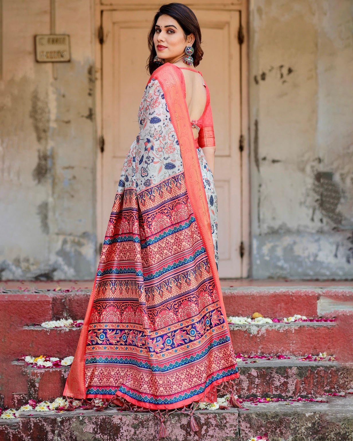 Ivory Tussar Silk Saree with Coral Zari Border and Intricate Floral Motifs