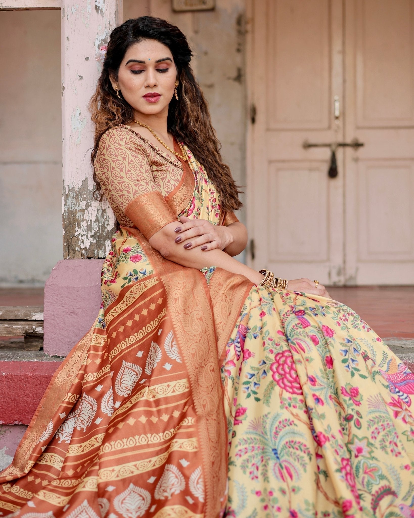 Golden Beige Tussar Silk Saree with Floral Paradise Print and Ornate Zari Border
