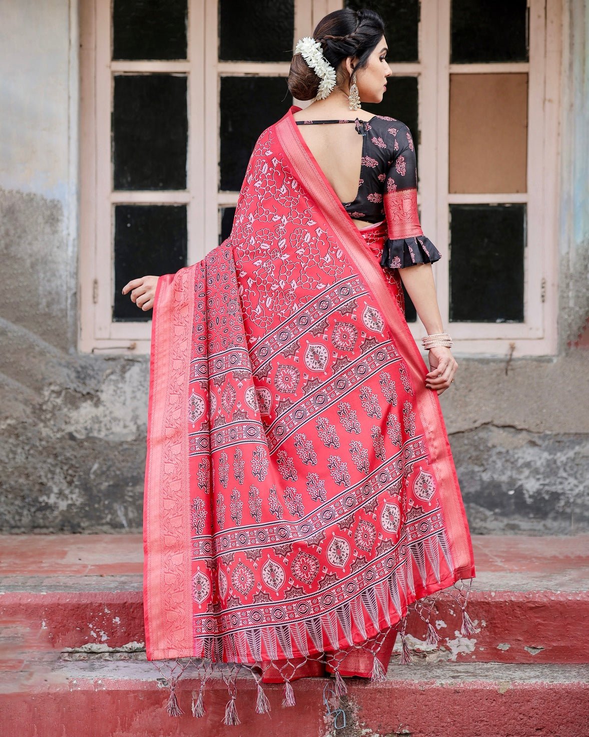 Fiery Red Tussar Silk Saree with Ornamental Motifs and Detailed Zari Pallu