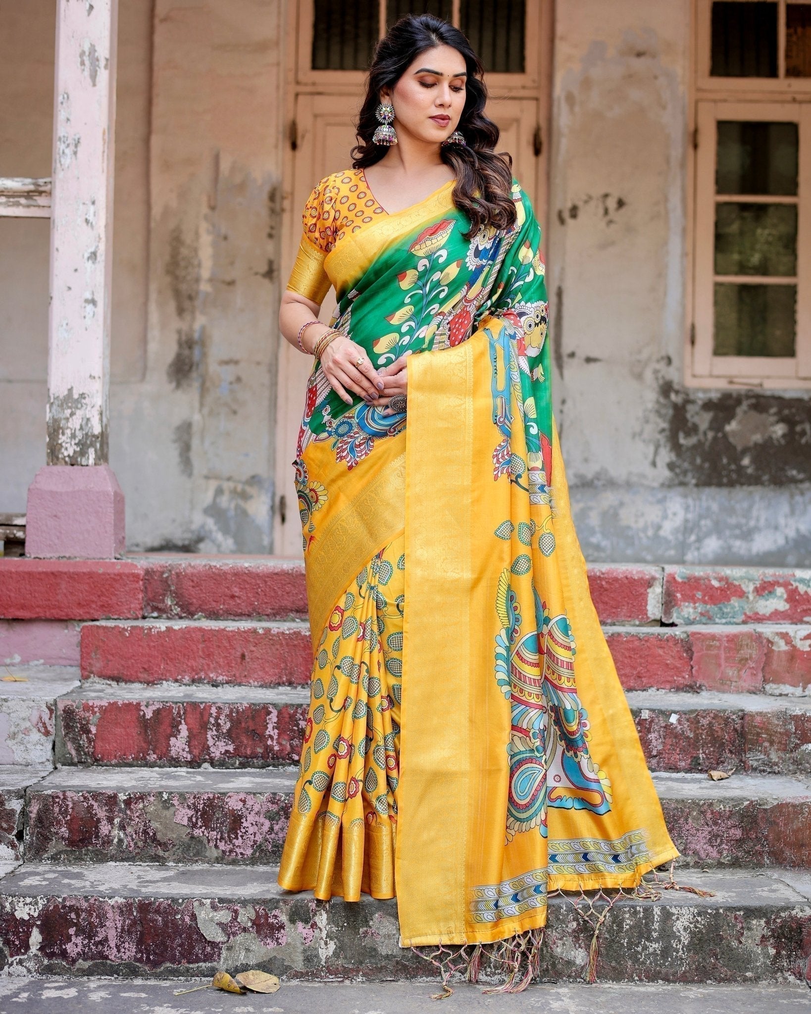 Golden Yellow Tussar Silk Saree with Vibrant Peacock Kalamkari Motifs