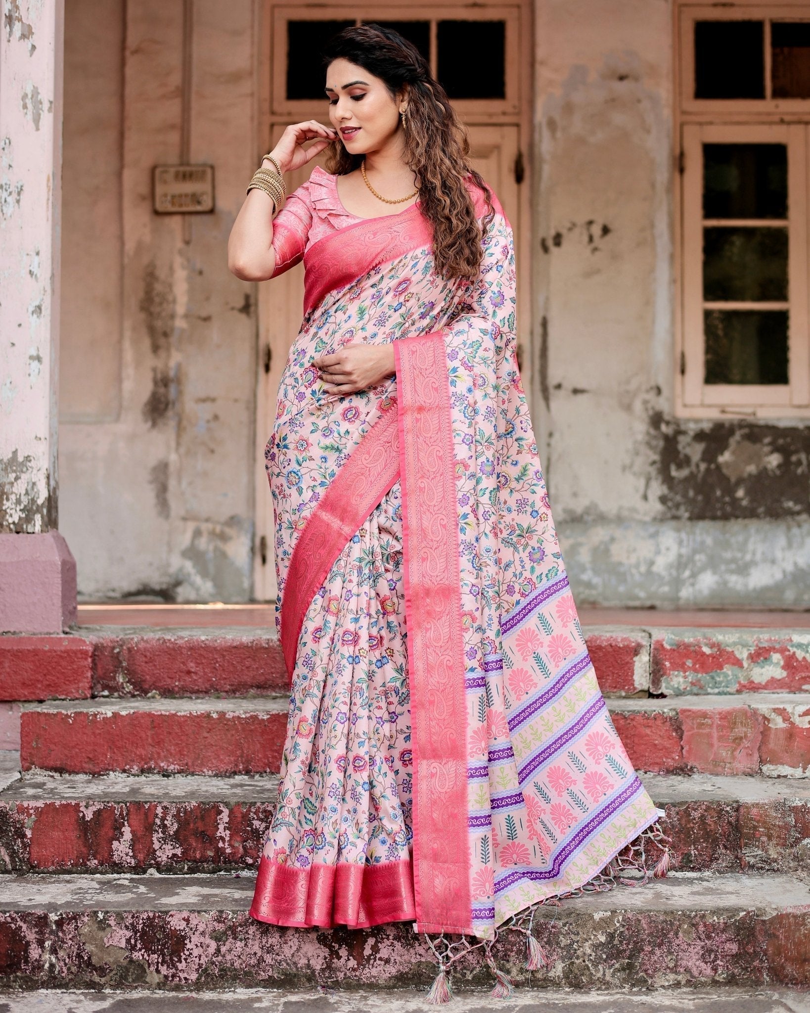 Blush Pink Tussar Silk Saree with Multicolor Floral Design and Zari Paisley Border