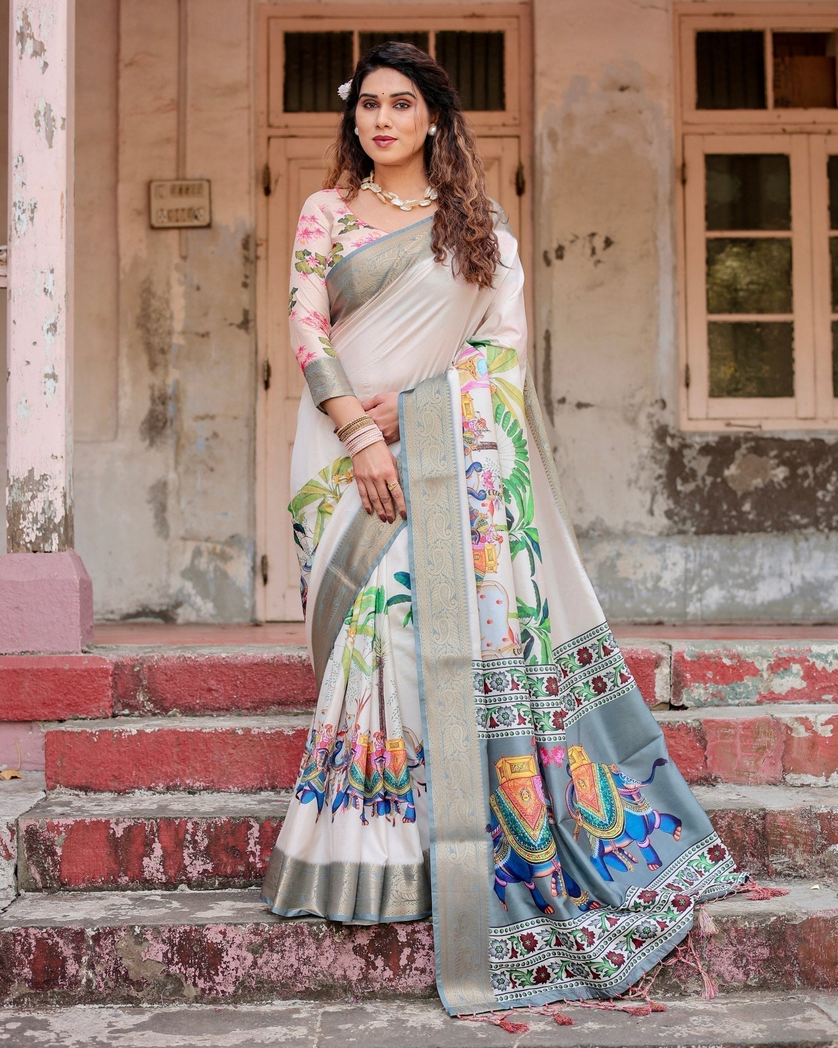 Ivory Tussar Silk Saree with Handcrafted Elephant Motif Pallu and Golden Zari Border
