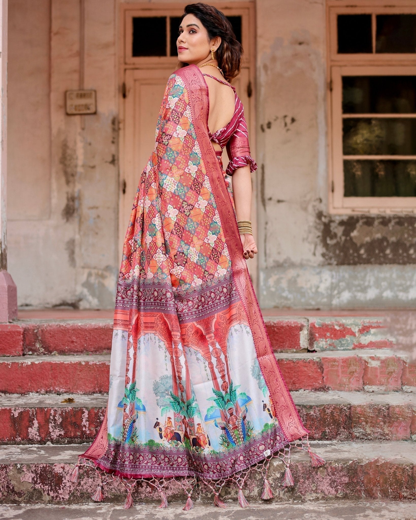 Maroon Tussar Silk Saree with Vibrant Geometric Tile Print and Zari Paisley Border