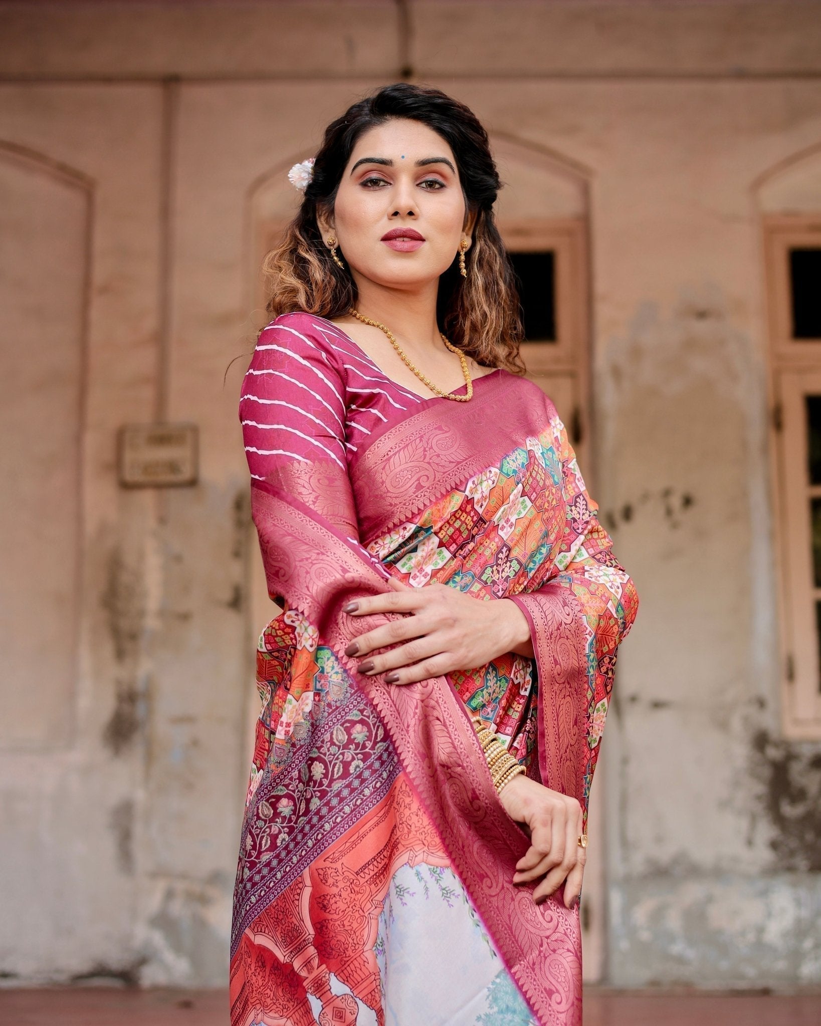 Maroon Tussar Silk Saree with Vibrant Geometric Tile Print and Zari Paisley Border