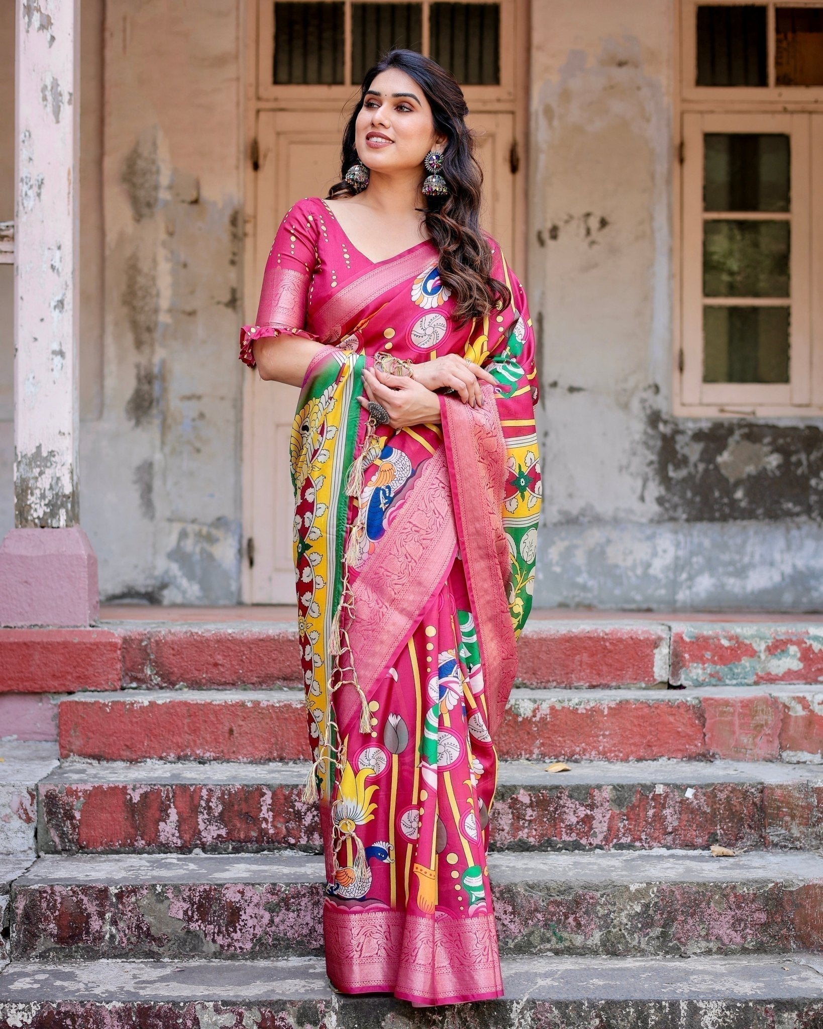 Magenta Tussar Silk Saree with Artistic Peacock & Floral Kalamkari Design