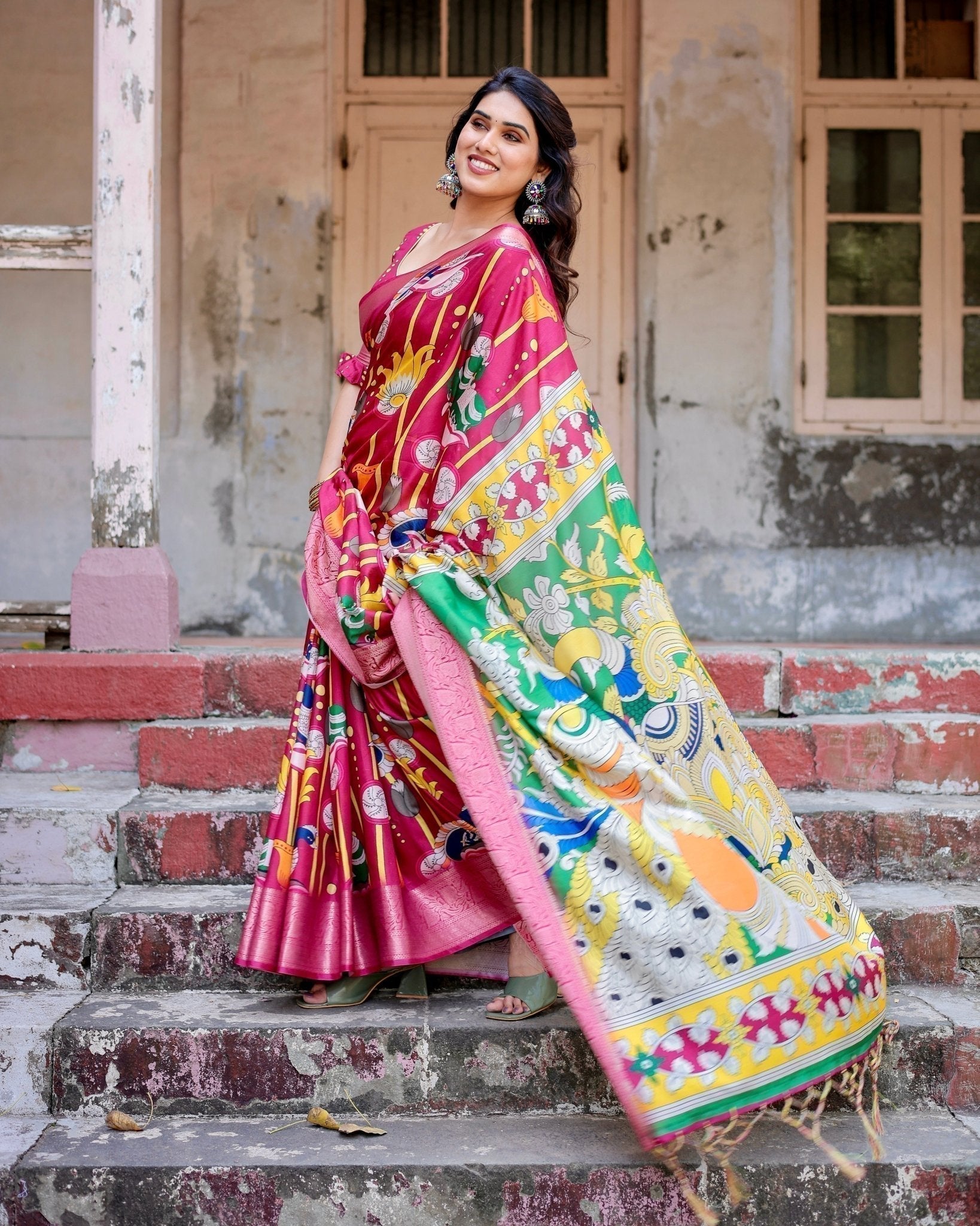 Magenta Tussar Silk Saree with Artistic Peacock & Floral Kalamkari Design