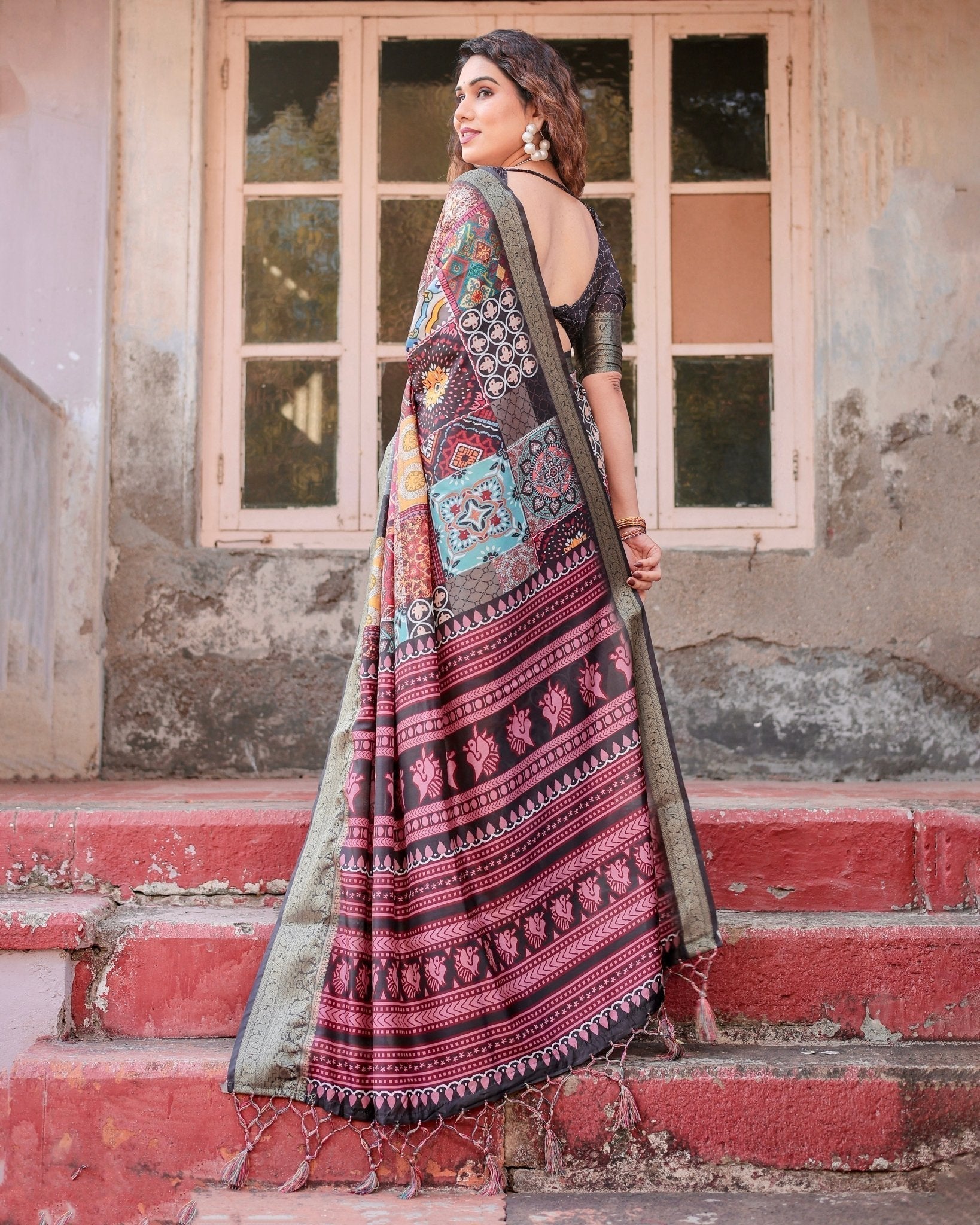 Multicolor Tussar Silk Saree with Ornamental Patchwork and Olive Zari Border