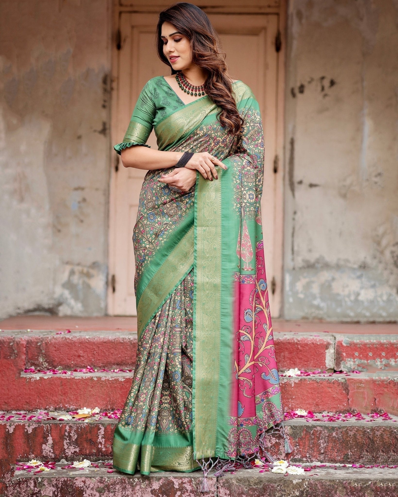 Emerald Green & Magenta Tussar Silk Saree with Zari Weave and Tassel Finish