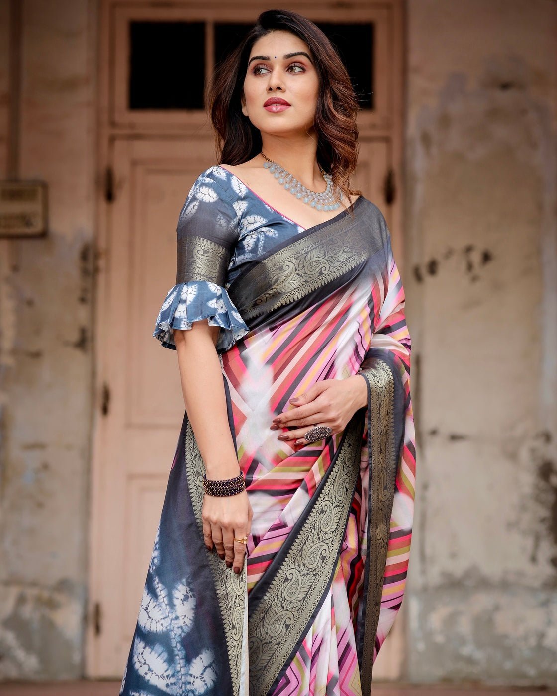 Geometric Multicolor Tussar Silk Saree with Charcoal Gray Zari Border and Abstract Pallu