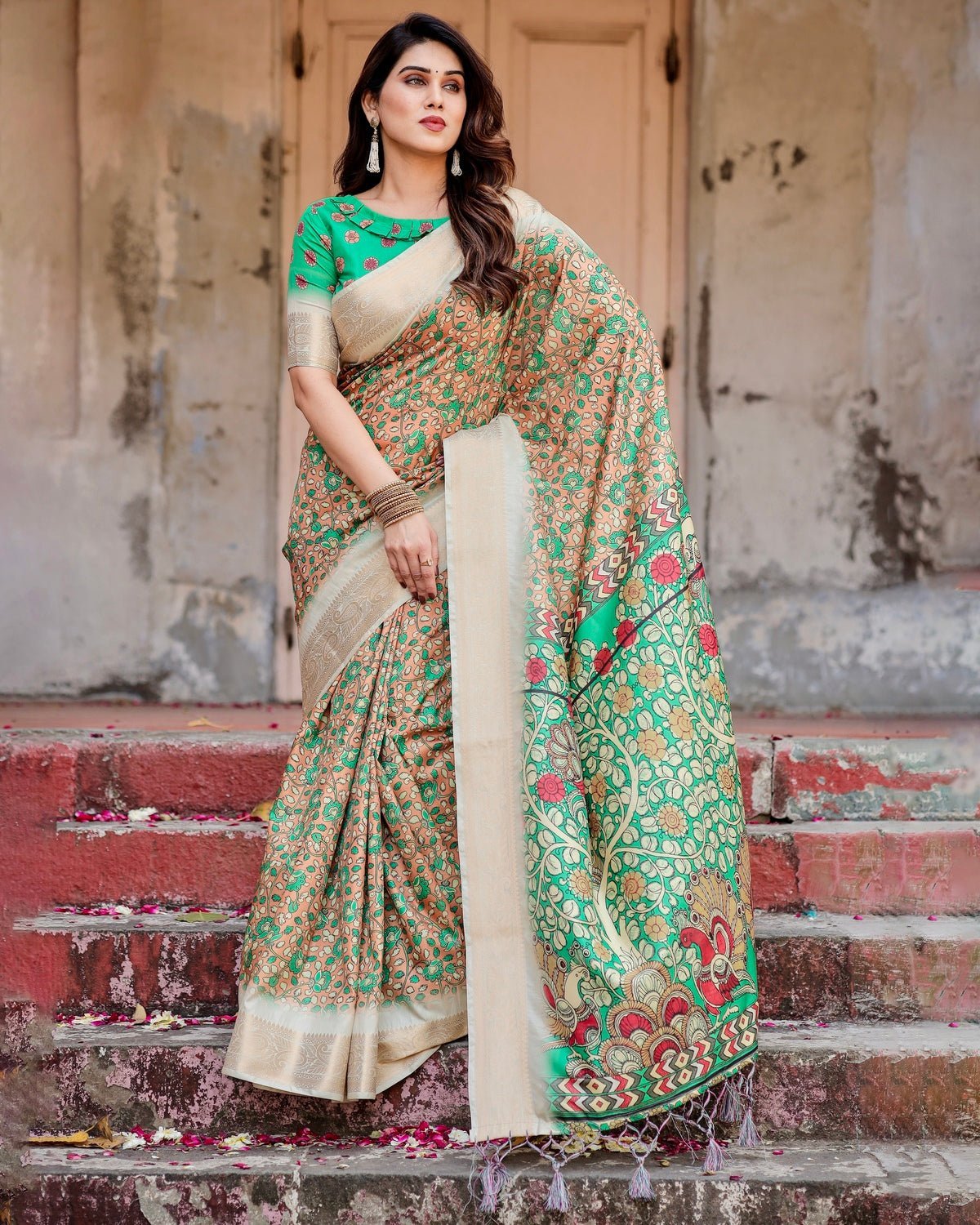 Emerald Green and Gold Tussar Silk Saree with Floral and Ornamental Motifs