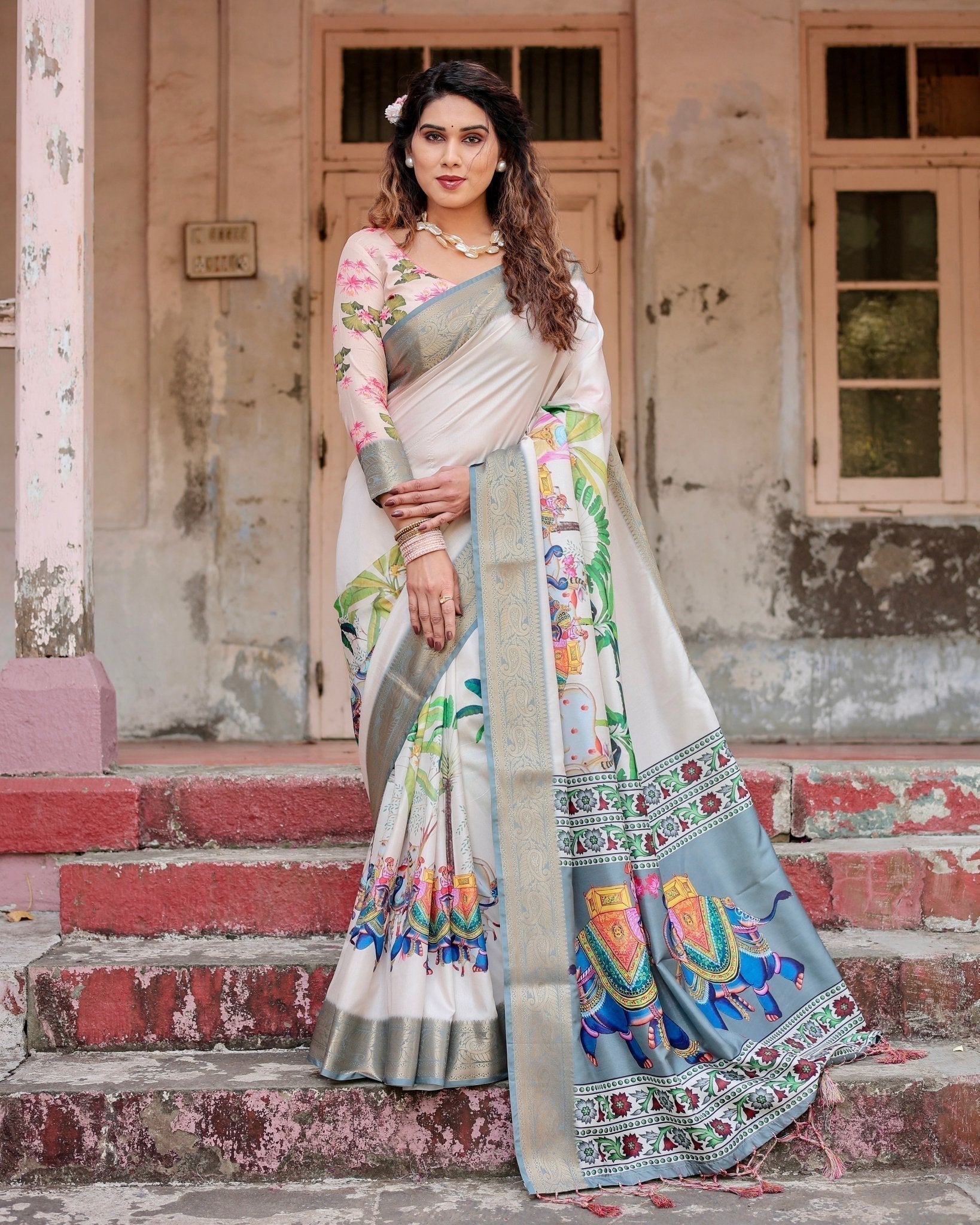 Ivory Tussar Silk Saree with Handcrafted Elephant Motif Pallu and Golden Zari Border