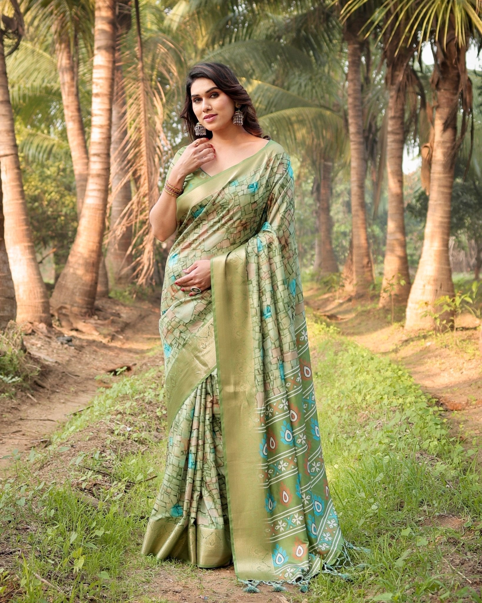 Elegant Light Green Tussar Silk Saree with Zari Motif Border and Contemporary Checkered Pallu Design