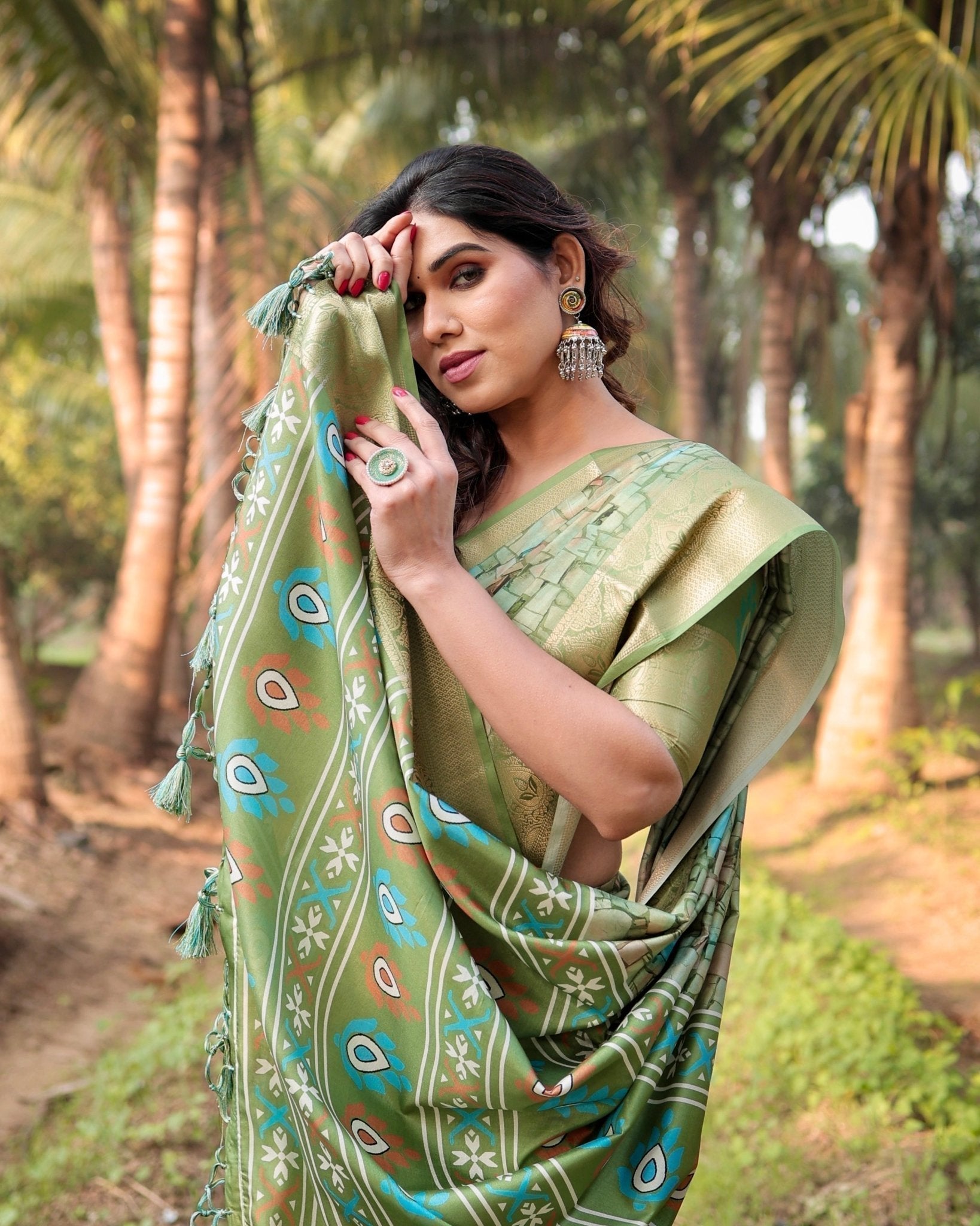 Elegant Light Green Tussar Silk Saree with Zari Motif Border and Contemporary Checkered Pallu Design