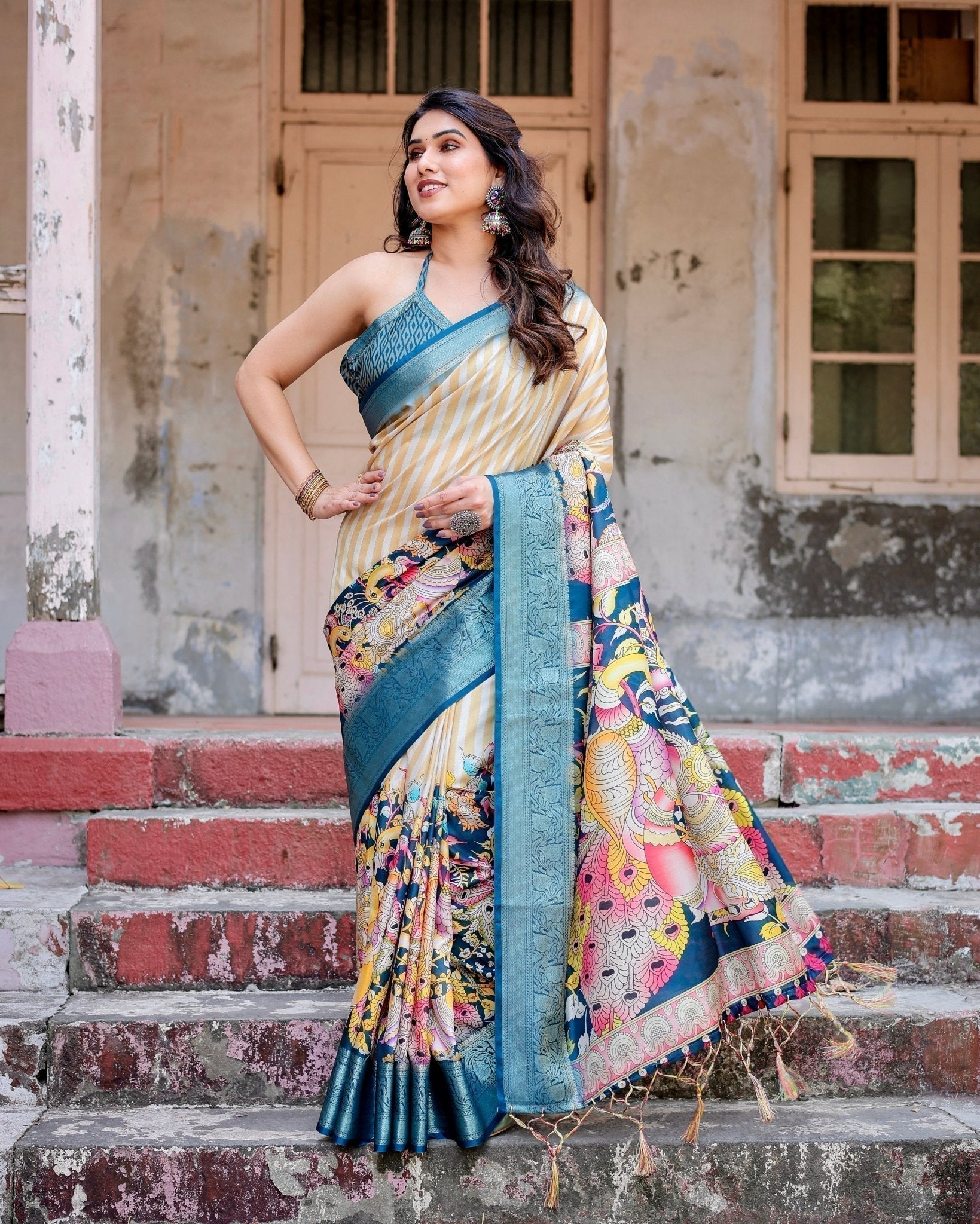 Beige & Teal Tussar Silk Saree with Intricate Kalamkari and Zari Border