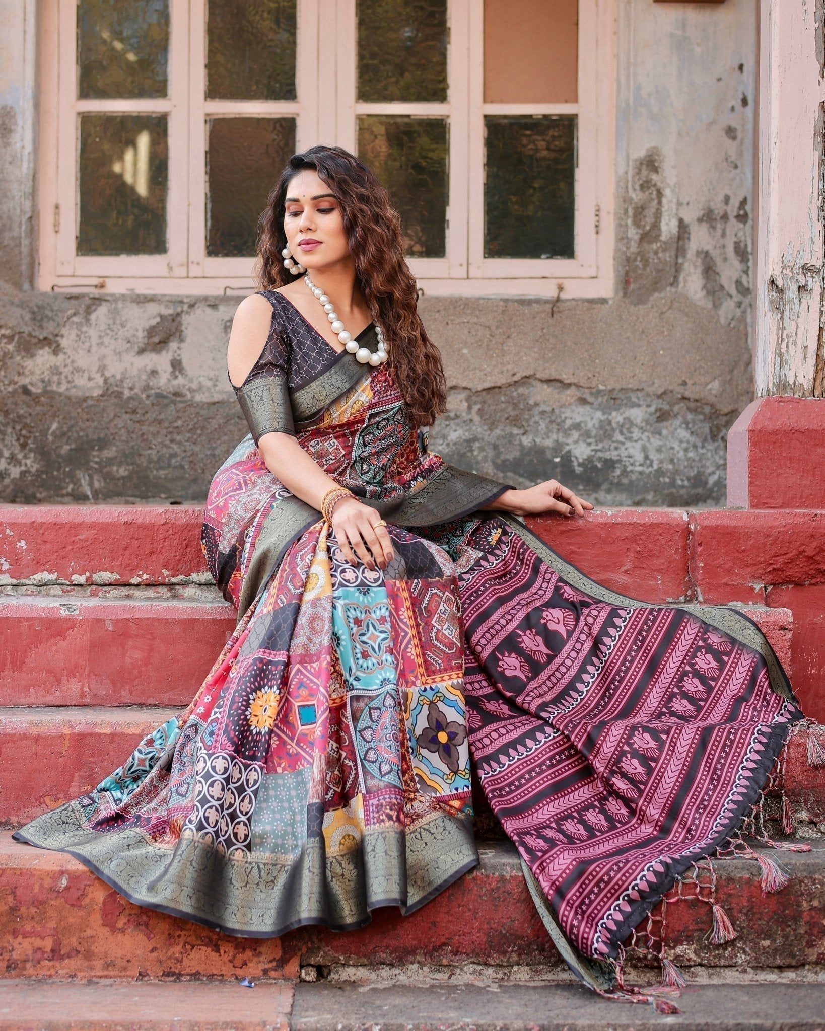 Multicolor Tussar Silk Saree with Ornamental Patchwork and Olive Zari Border