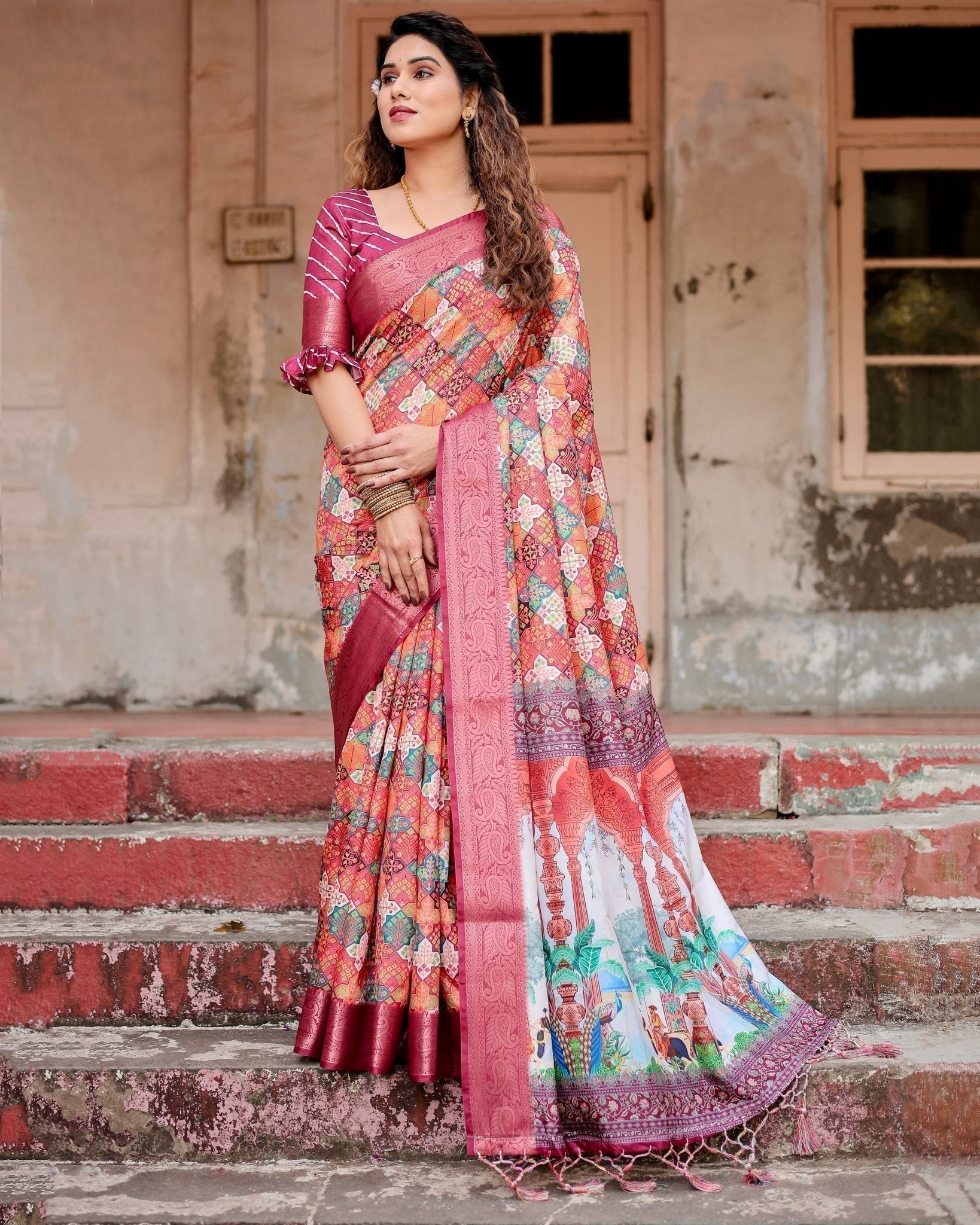 Maroon Tussar Silk Saree with Vibrant Geometric Tile Print and Zari Paisley Border