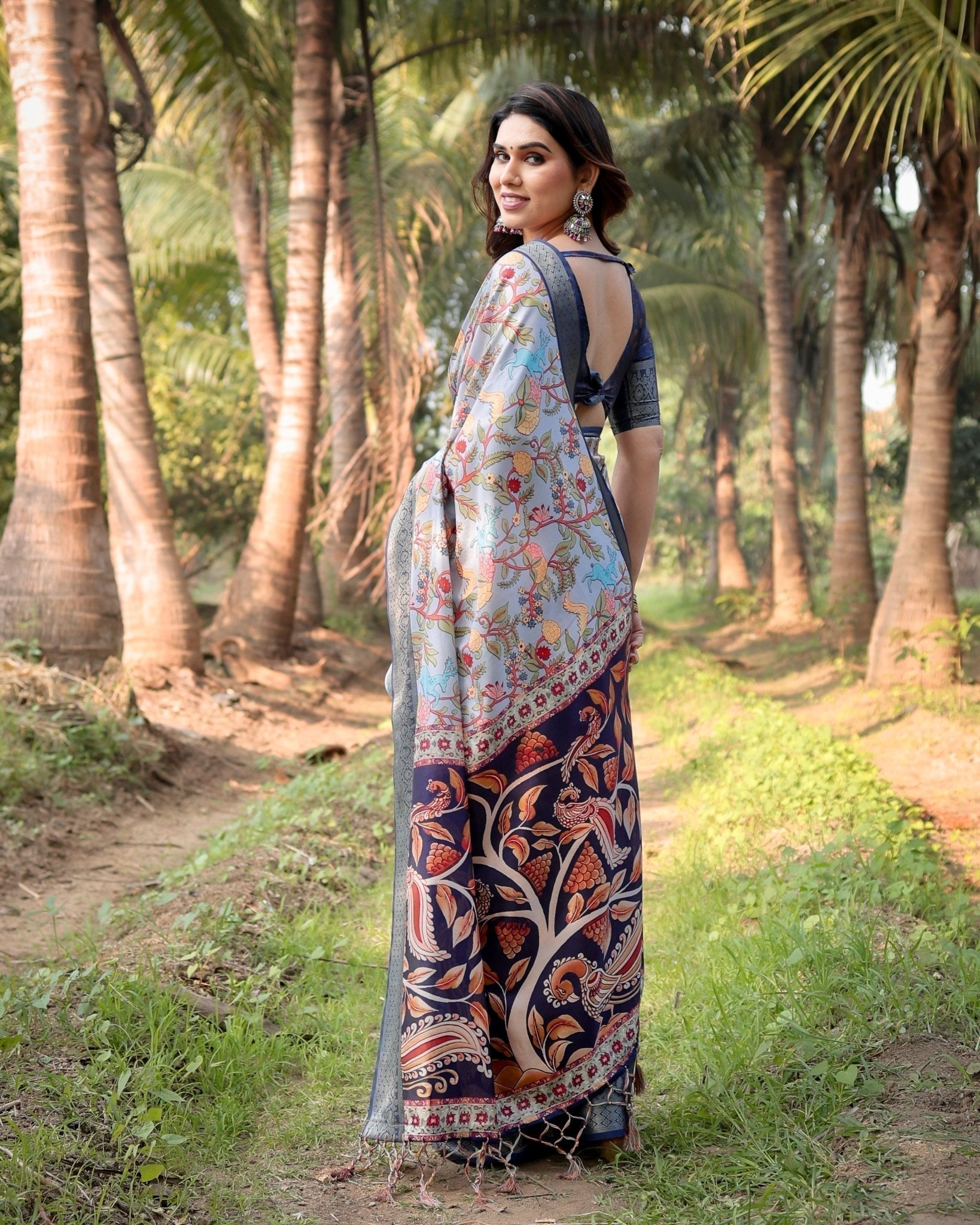 Sky Blue and Navy Digital Print Tussar Silk Saree with Zari Woven Border and Floral Motif Pallu