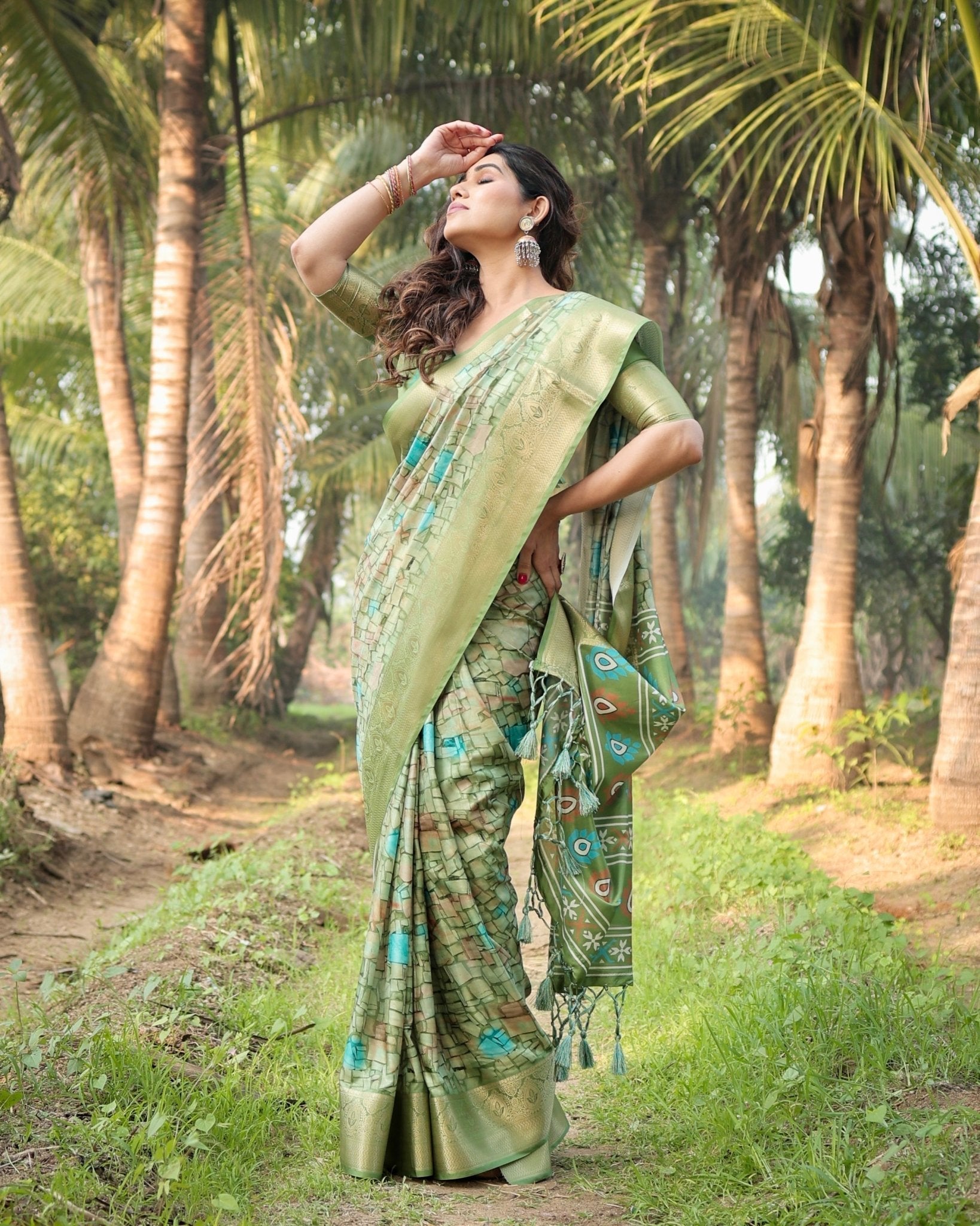 Elegant Light Green Tussar Silk Saree with Zari Motif Border and Contemporary Checkered Pallu Design