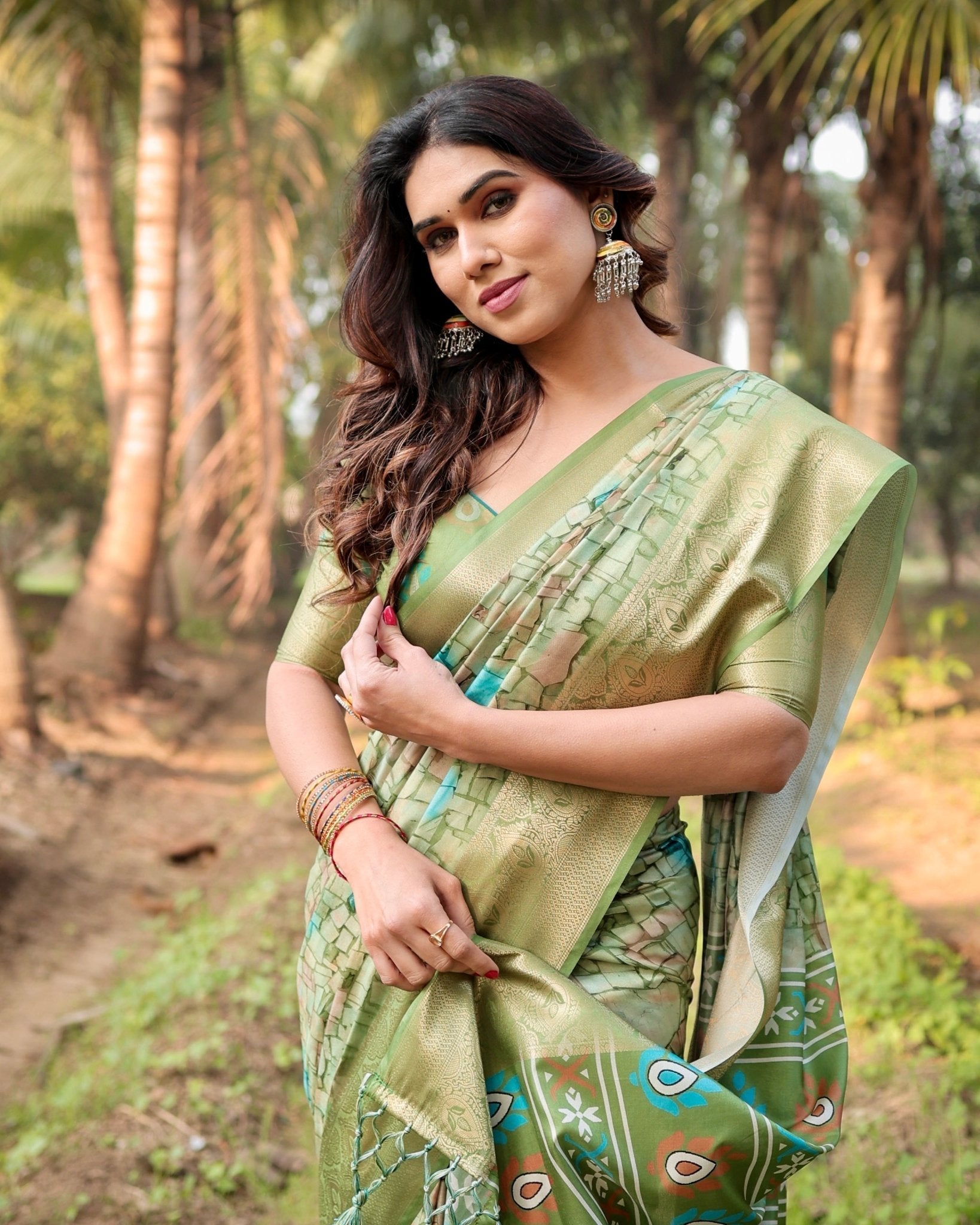 Elegant Light Green Tussar Silk Saree with Zari Motif Border and Contemporary Checkered Pallu Design