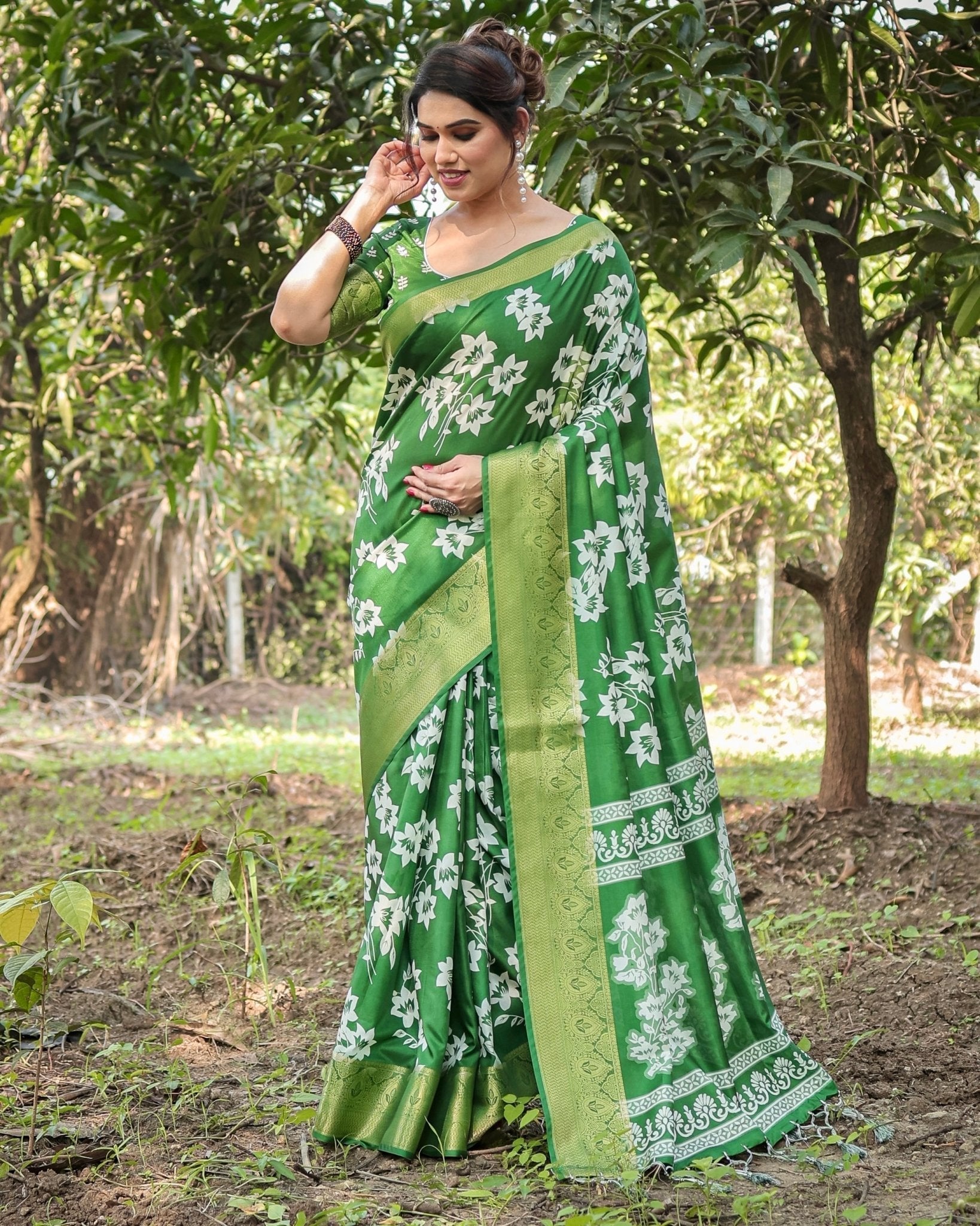 Enchanting Green Tussar Silk Saree with White Floral Prints and Zari Border