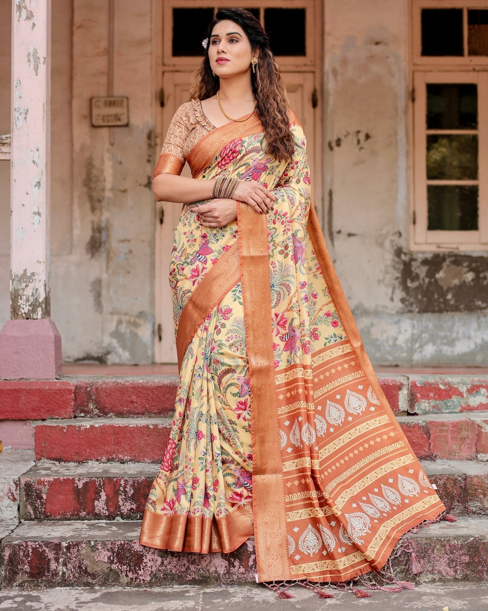 Golden Beige Tussar Silk Saree with Floral Paradise Print and Ornate Zari Border