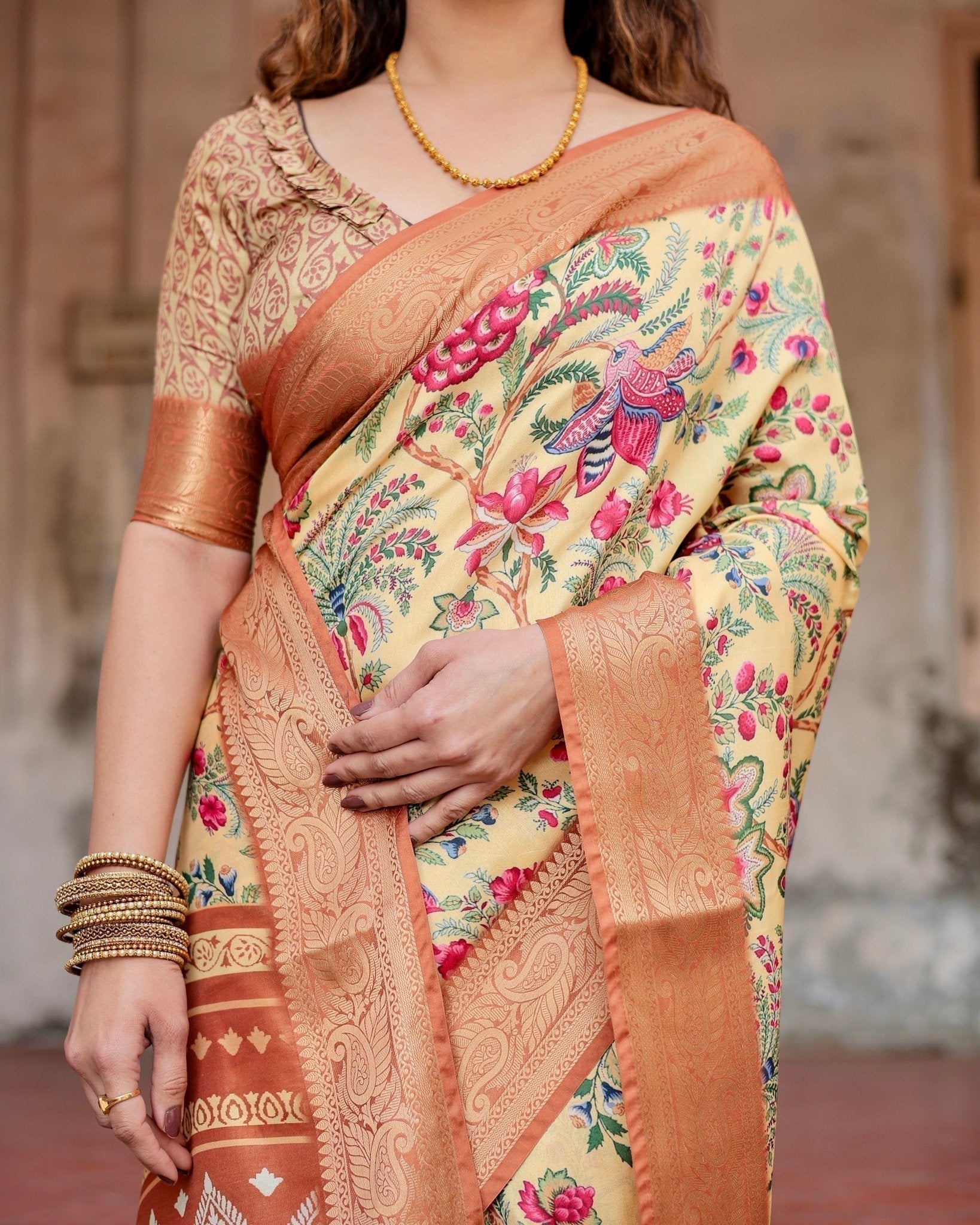 Golden Beige Tussar Silk Saree with Floral Paradise Print and Ornate Zari Border