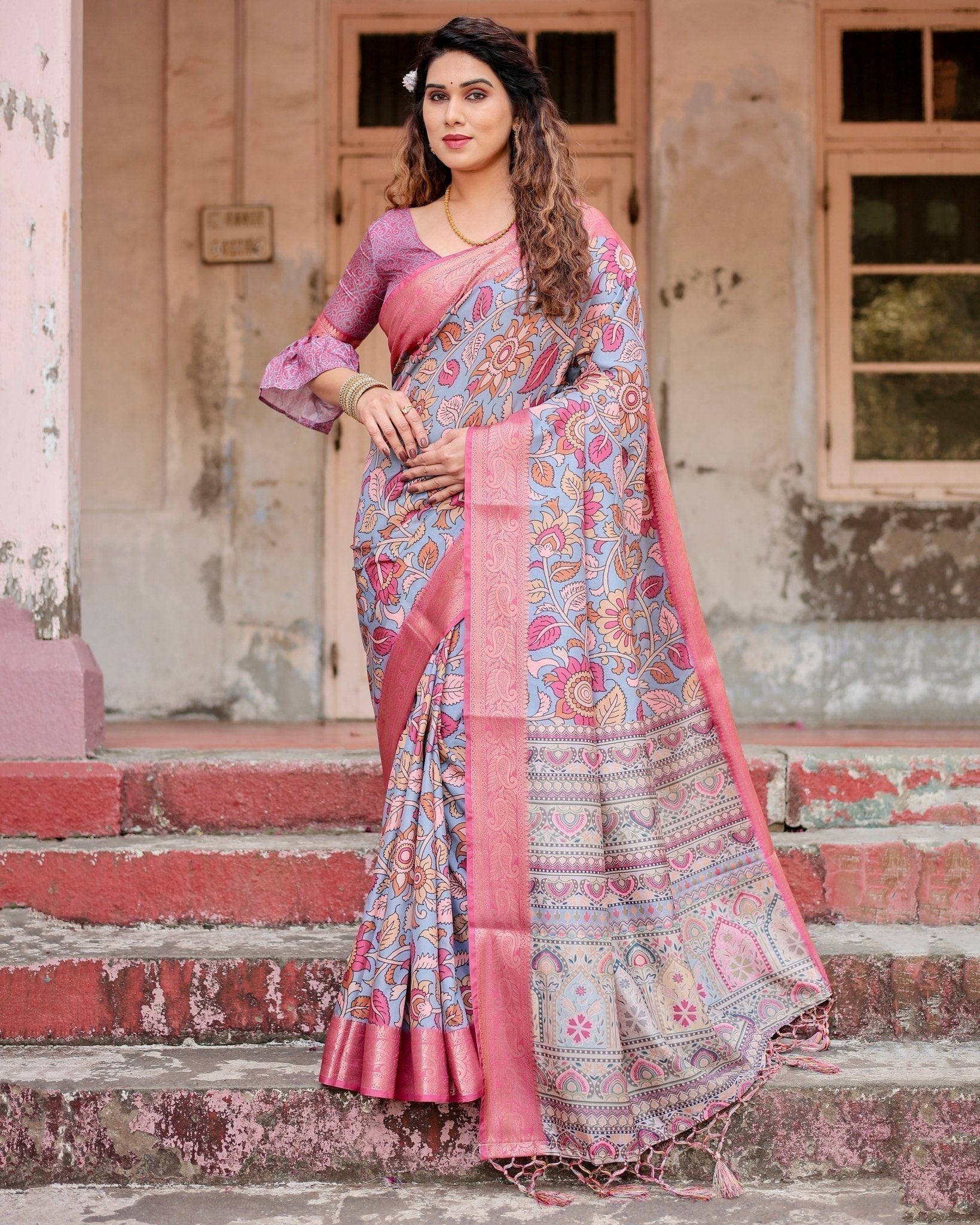 Graceful Grey Tussar Silk Saree with Pink Zari Border and Intricate Floral Motifs