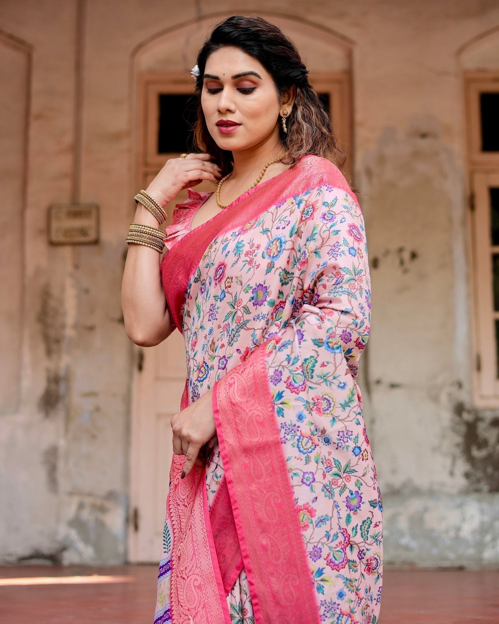 Blush Pink Tussar Silk Saree with Multicolor Floral Design and Zari Paisley Border