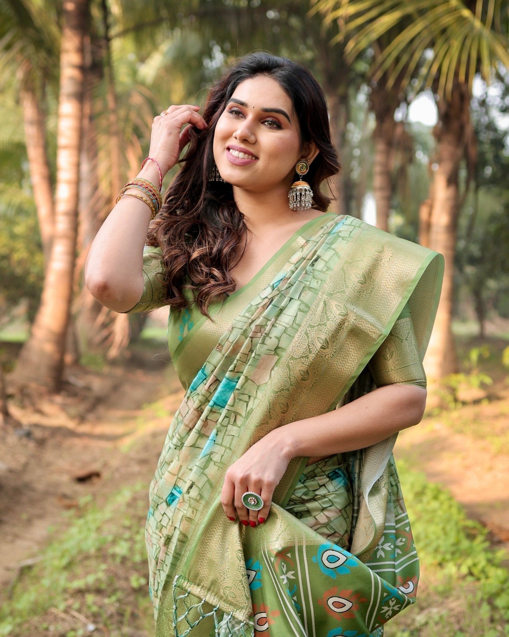 Elegant Light Green Tussar Silk Saree with Zari Motif Border and Contemporary Checkered Pallu Design