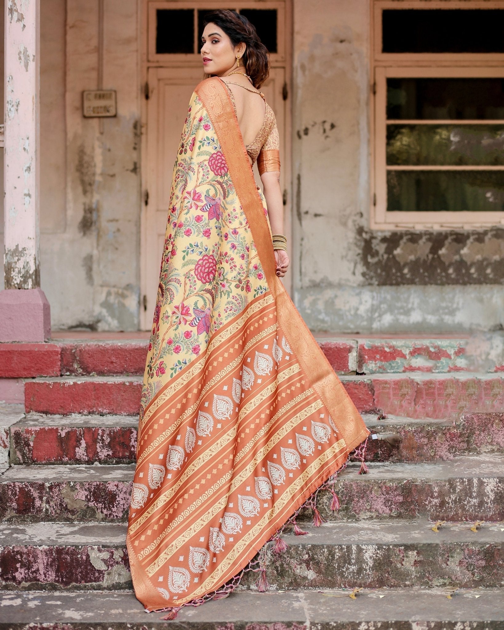 Golden Beige Tussar Silk Saree with Floral Paradise Print and Ornate Zari Border