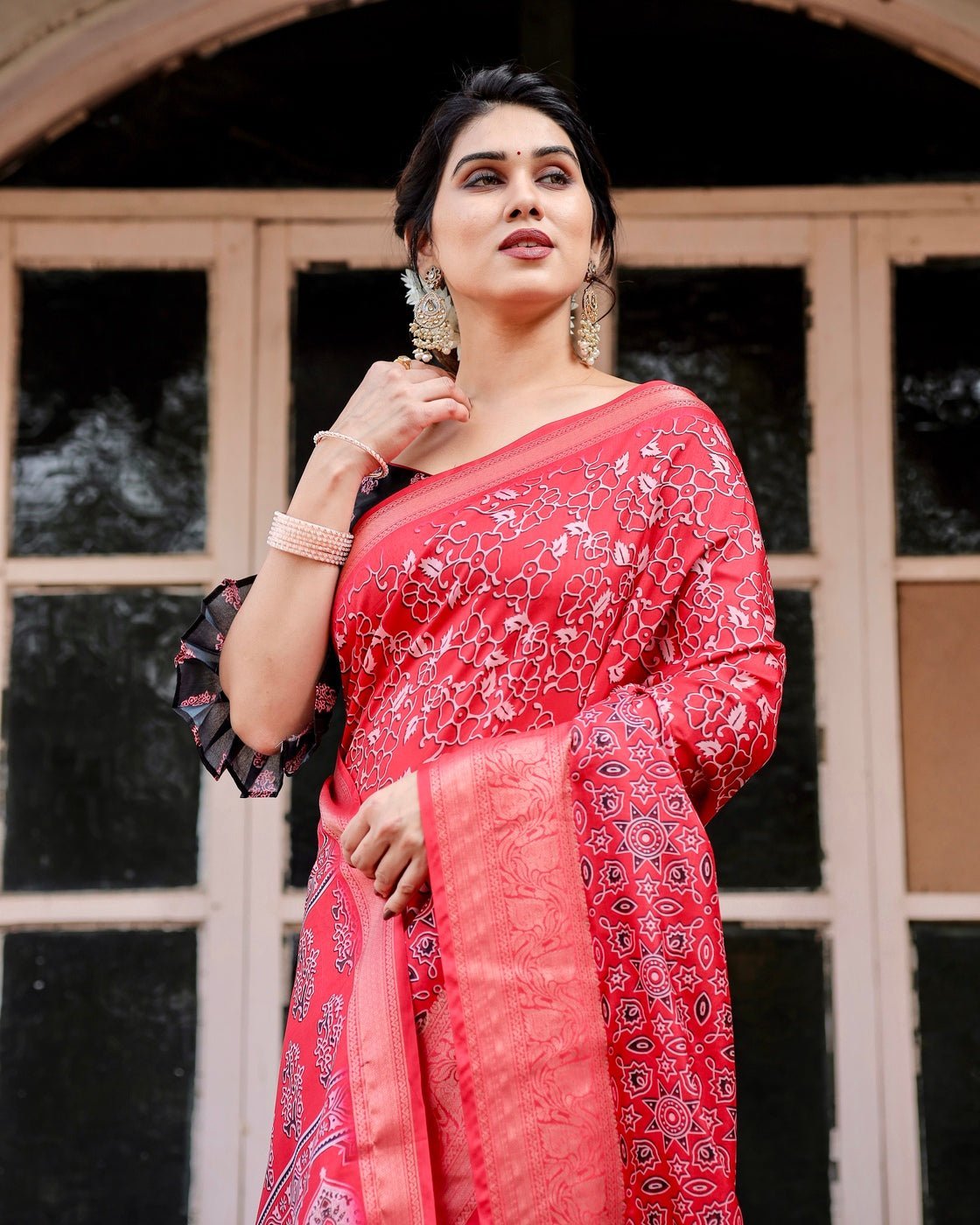 Fiery Red Tussar Silk Saree with Ornamental Motifs and Detailed Zari Pallu