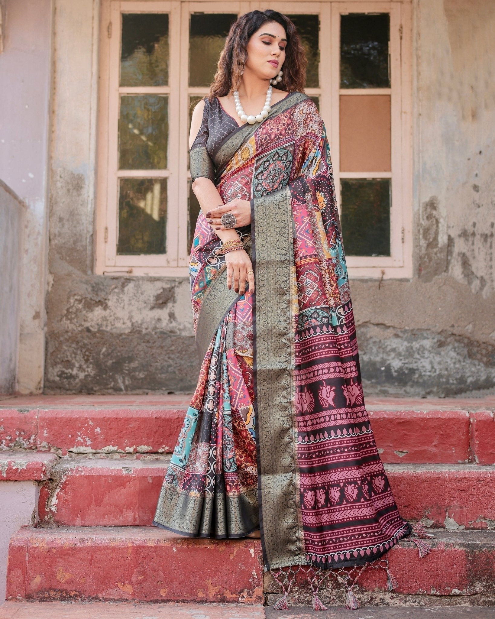 Multicolor Tussar Silk Saree with Ornamental Patchwork and Olive Zari Border