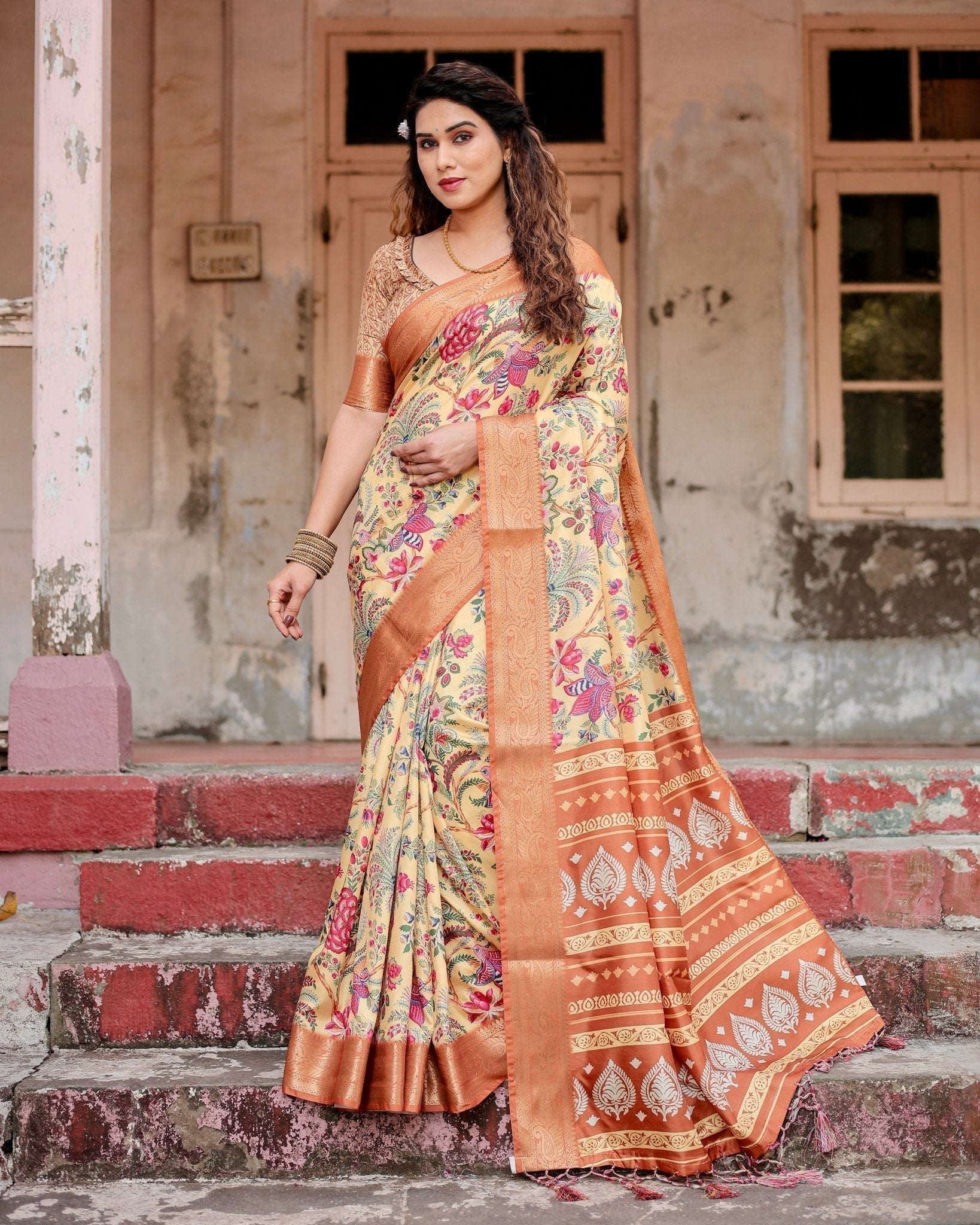 Golden Beige Tussar Silk Saree with Floral Paradise Print and Ornate Zari Border