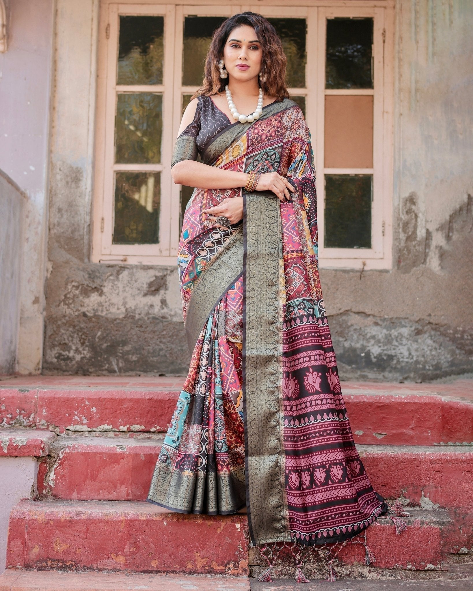 Multicolor Tussar Silk Saree with Ornamental Patchwork and Olive Zari Border