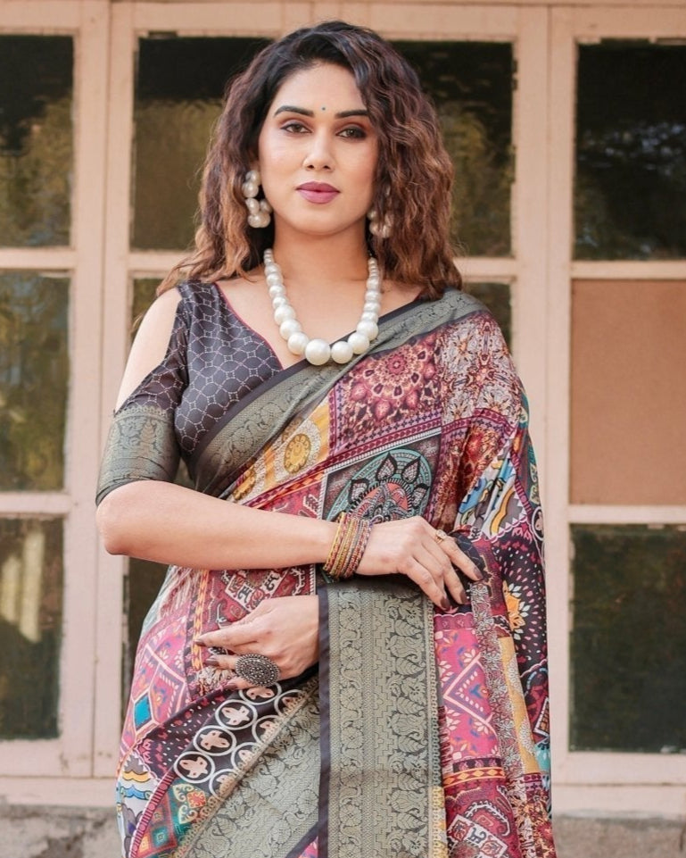 Multicolor Tussar Silk Saree with Ornamental Patchwork and Olive Zari Border