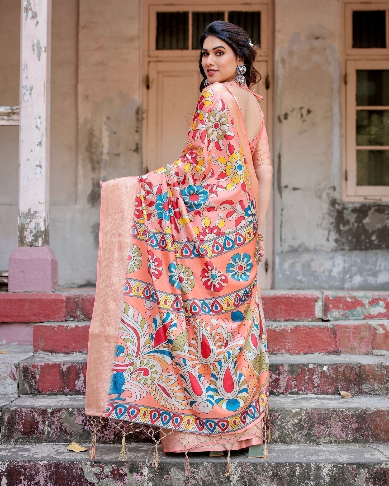 Peach Tussar Silk Saree with Vibrant Floral Kalamkari and Zari Highlights