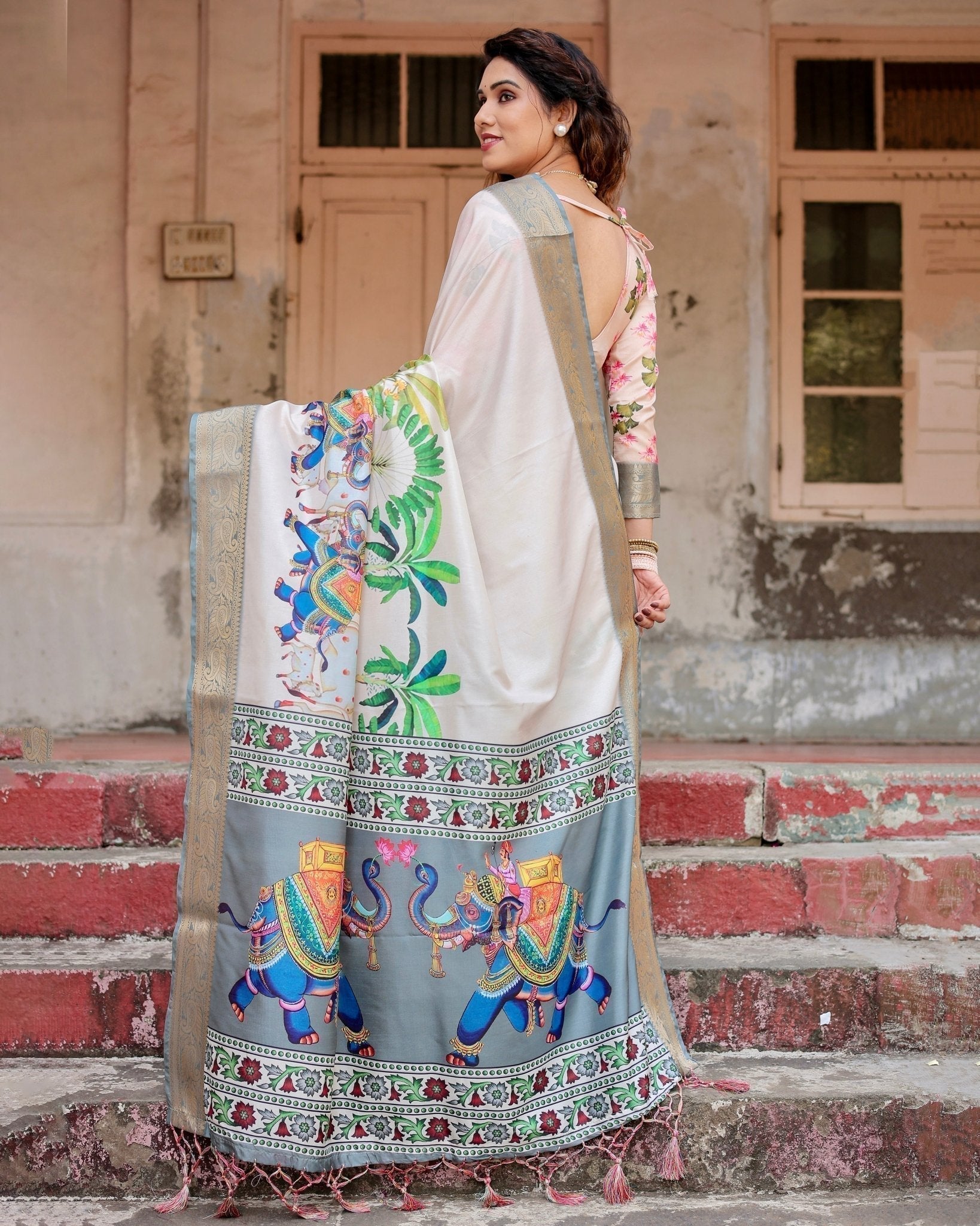 Ivory Tussar Silk Saree with Handcrafted Elephant Motif Pallu and Golden Zari Border