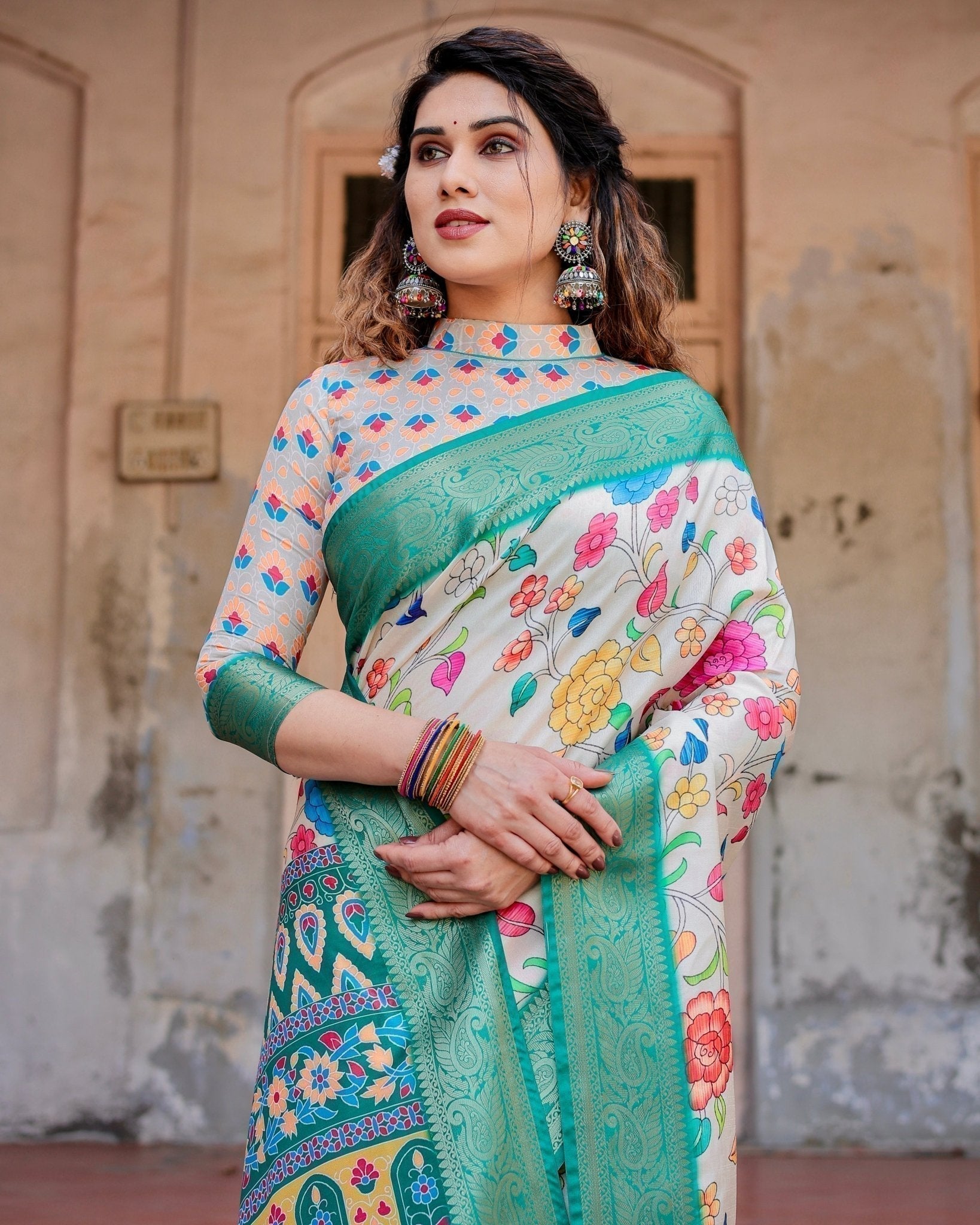Elegant Multicolor Floral Digital Print Saree with Ornate Green Border and Artistic Pallu
