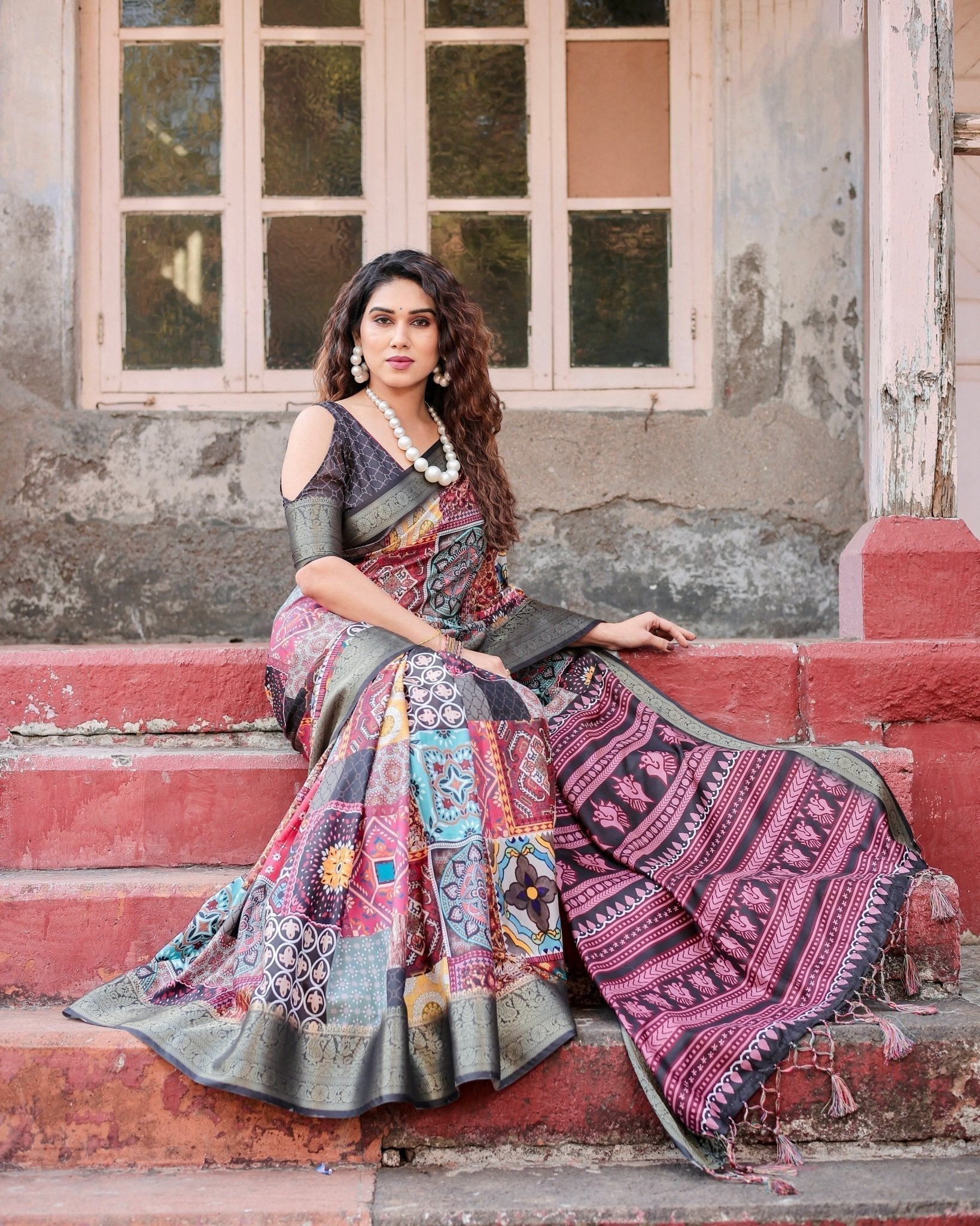 Multicolor Tussar Silk Saree with Ornamental Patchwork and Olive Zari Border