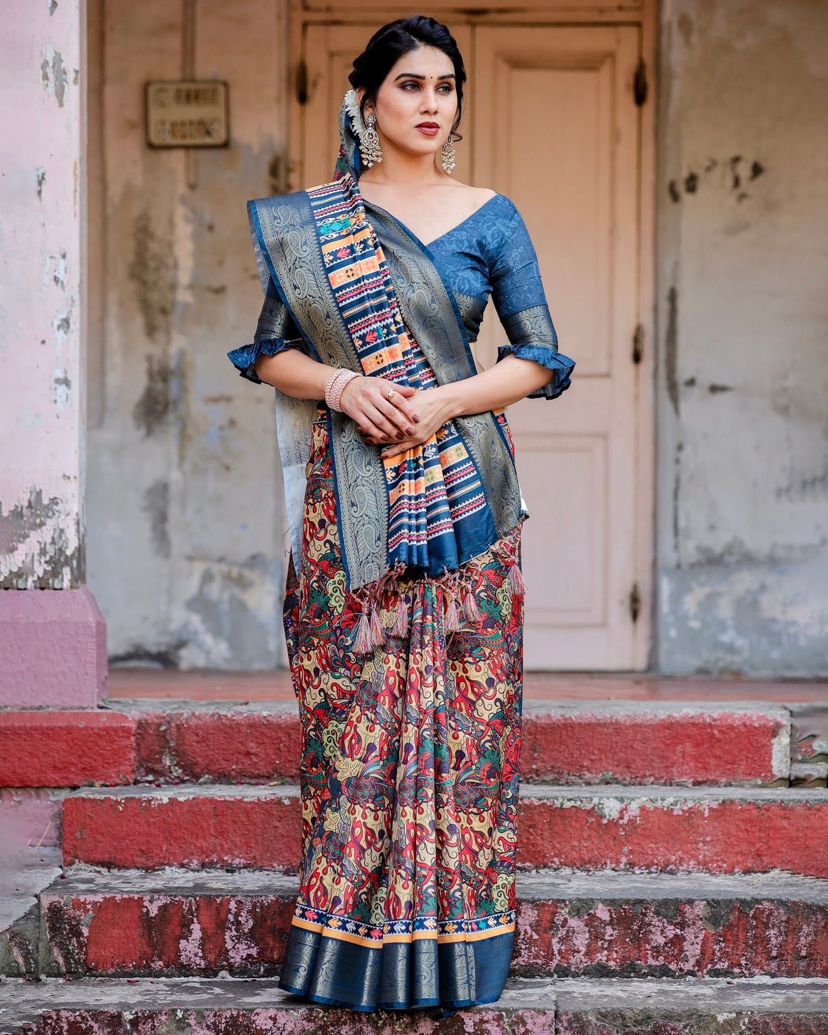 Multicolor Tussar Silk Saree with Vibrant Floral Weaves and Striped Pallu